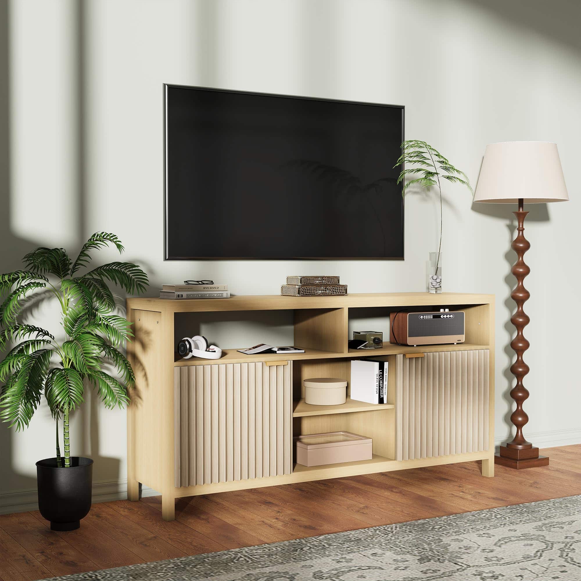 Jojoka - 59" Fluted TV Stand for 65 Inch TVs, Modern Entertainment Center with 2 Cabinets & 4 Open Shelves - Oak