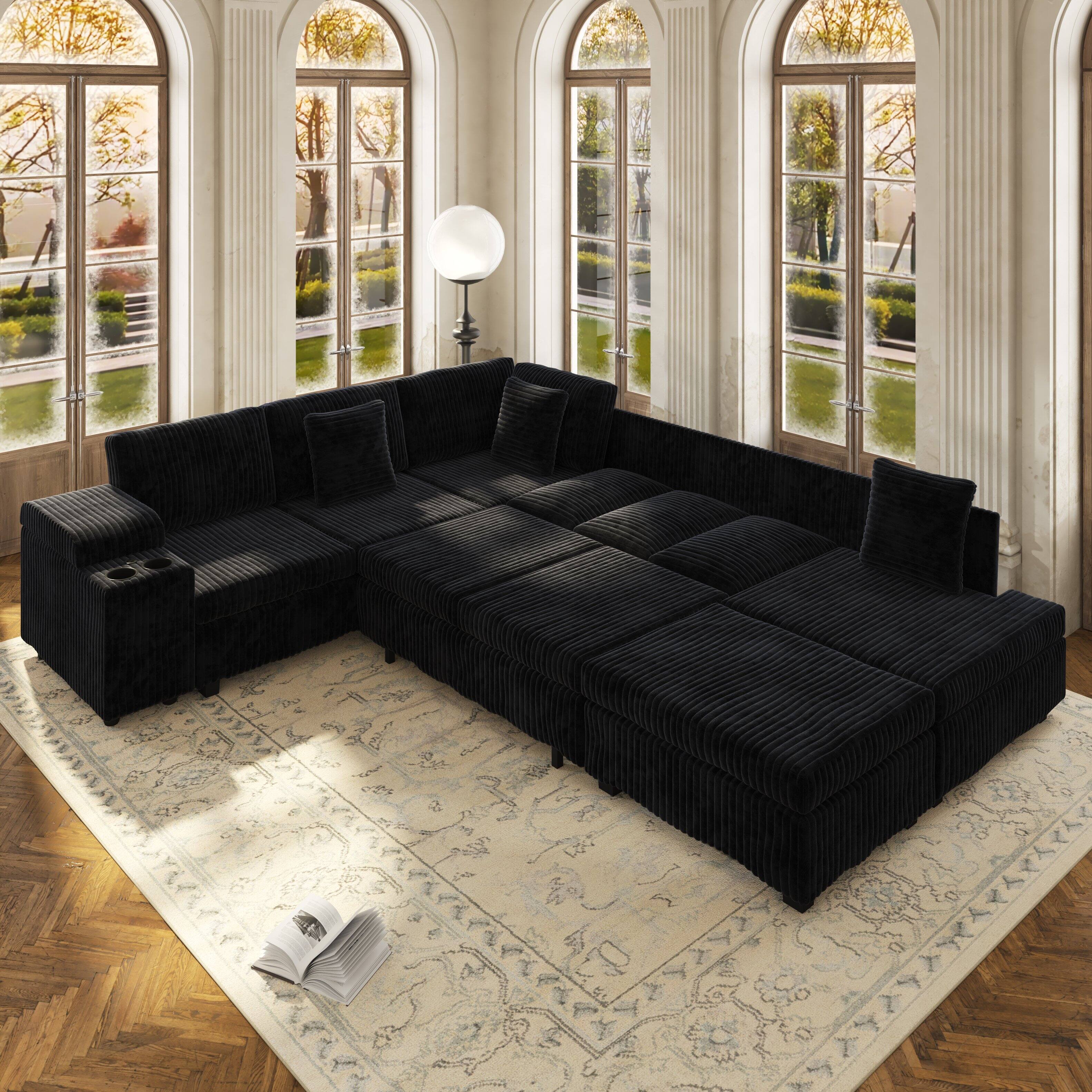 Left. Anysun - 110.2" L-Shaped Convertible Corduroy Sectional Sofa Set with Removable Ottoman, Hidden Storage, USB Ports & Cup Holders - Black.