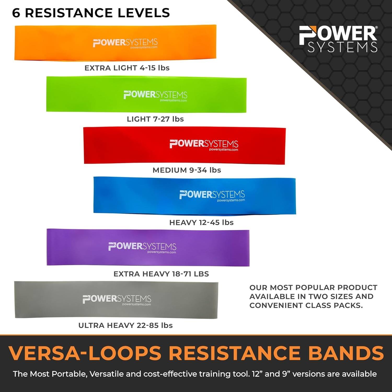 6 RESISTANCE LEVELS

POWER SYSTEMS
EXTRA LIGHT 4-15 lbs
POWER SYSTEMS
LIGHT 7-27 lbs
POWER SYSTEMS
MEDIUM 9-34 lbs
POWER SYSTEMS
HEAVY 12-45 lbs
POWER SYSTEMS
EXTRA HEAVY 18-71 LBS
POWER SYSTEMS
ULTRA HEAVY 22-85 lbs

OUR MOST POPULAR PRODUCT AVAILABLE IN TWO SIZES AND CONVENIENT CLASS PACKS.

VERSA-LOOPS RESISTANCE BANDS
The Most Portable, Versatile and cost-effective training tool. 12" and 9" versions are available