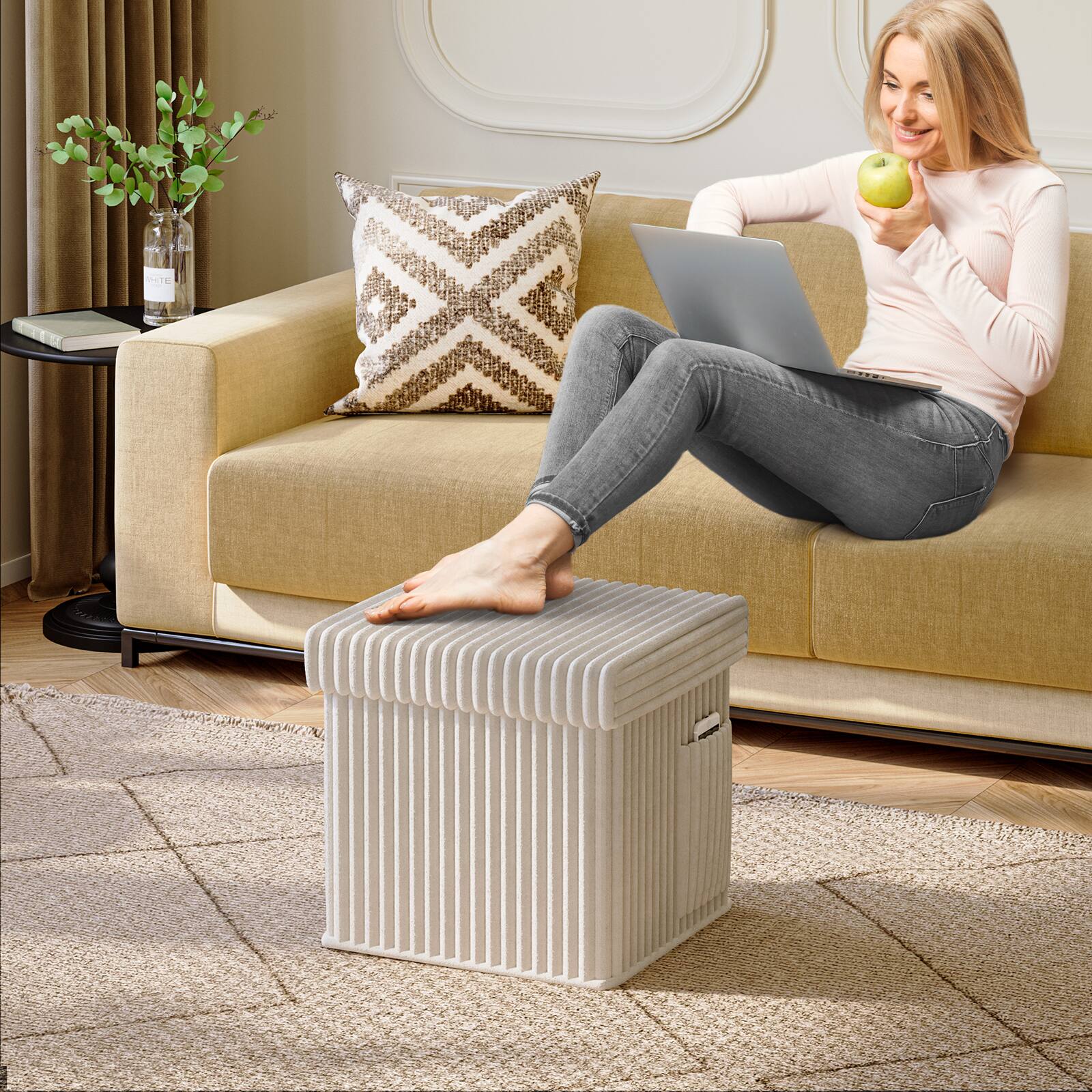 Left. Pinmoco - Pinmoco- Corduroy Ottoman Plush Foldable Bench with Free Cozy Blanket - Off-White.