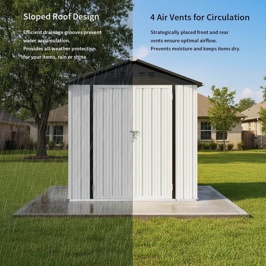 Sloped Roof Design  
Efficient drainage grooves prevent water accumulation. Provides all-weather protection for your items, rain or shine.

4 Air Vents for Circulation  
Strategically placed front and rear vents ensure optimal airflow. Prevents moisture and keeps items dry.