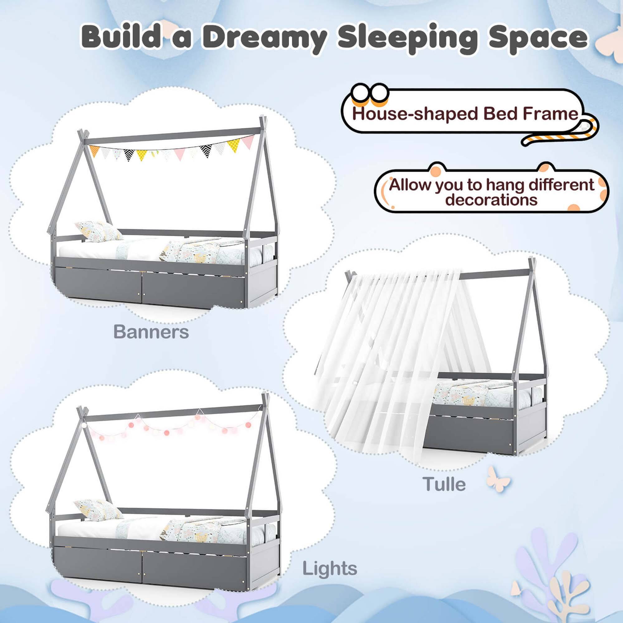 Build a Dreamy Sleeping Space: House-shaped Bed Frame, Allow you to hang different decorations, Banners, Tulle, Lights.