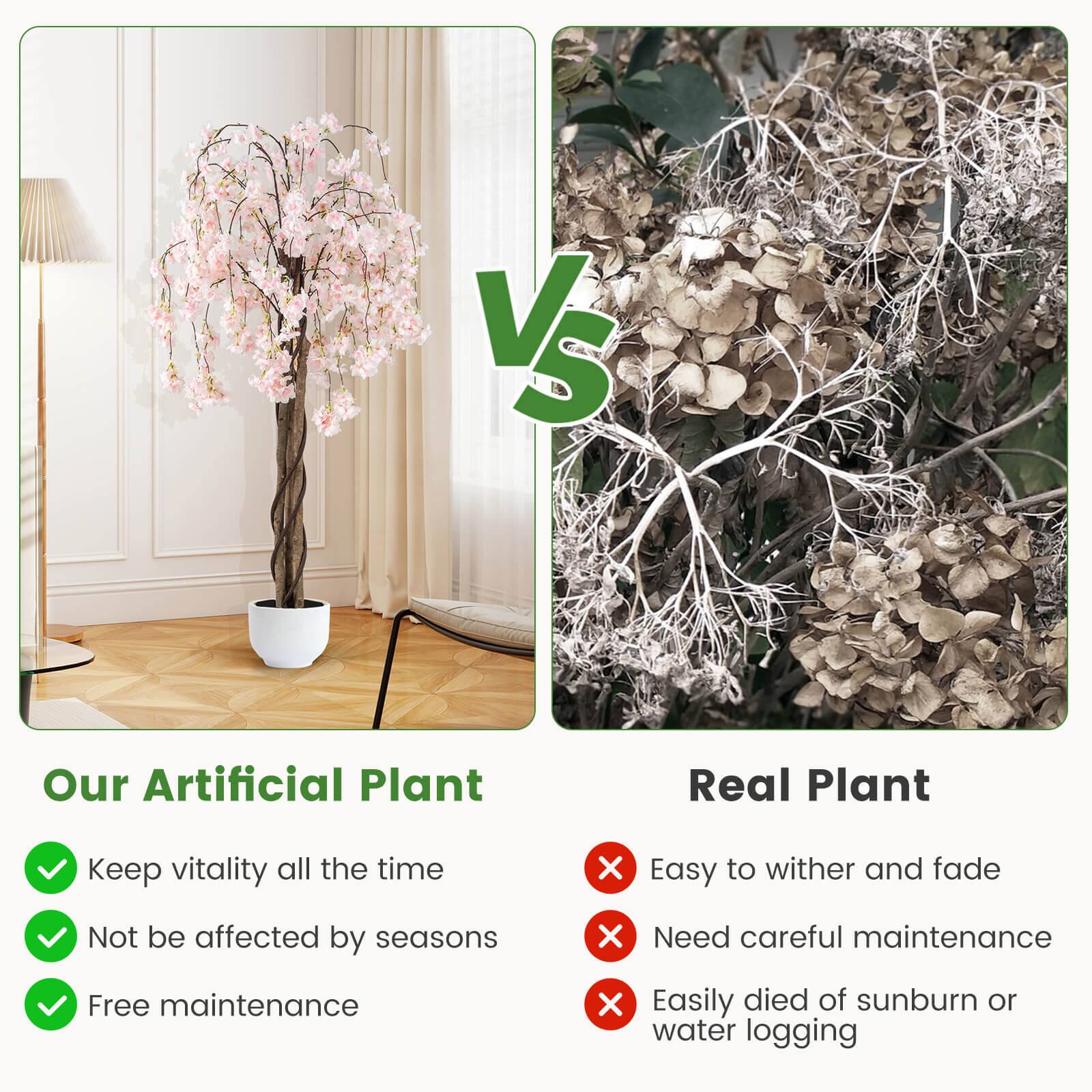 Our Artificial Plant

- Keep vitality all the time
- Not be affected by seasons
- Free maintenance

Real Plant

- Easy to wither and fade
- Need careful maintenance
- Easily died of sunburn or water logging