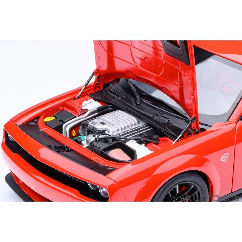 Left. Autoart - 2022 Dodge Challenger SRT Jailbreak Torred with Red Interior 1/18 Model Car by Autoart - Red.