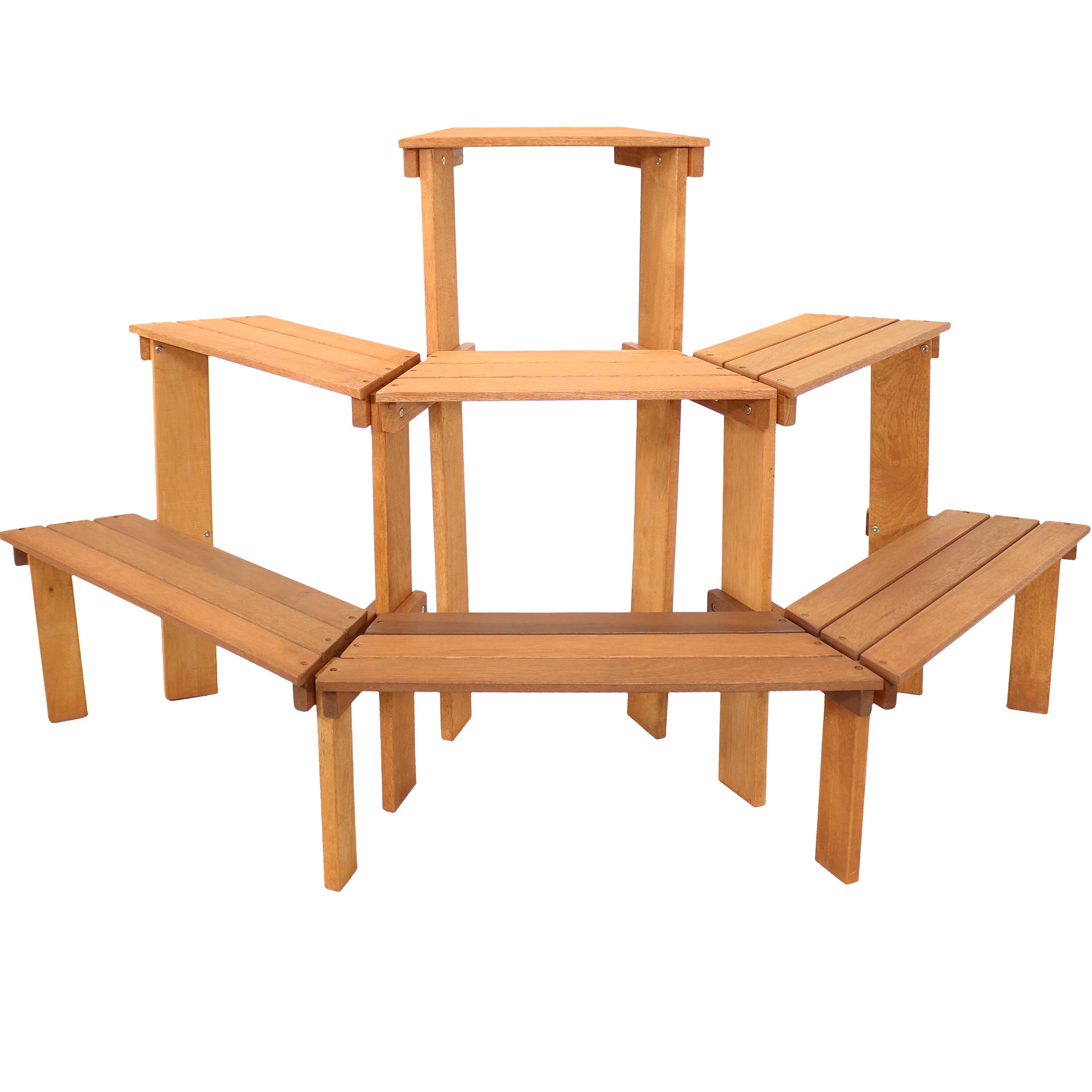 Front. Sunnydaze - Meranti Wood/Teak Oil Finish 3-Tier Curved Plant Stand - 5.75 ft - Brown.