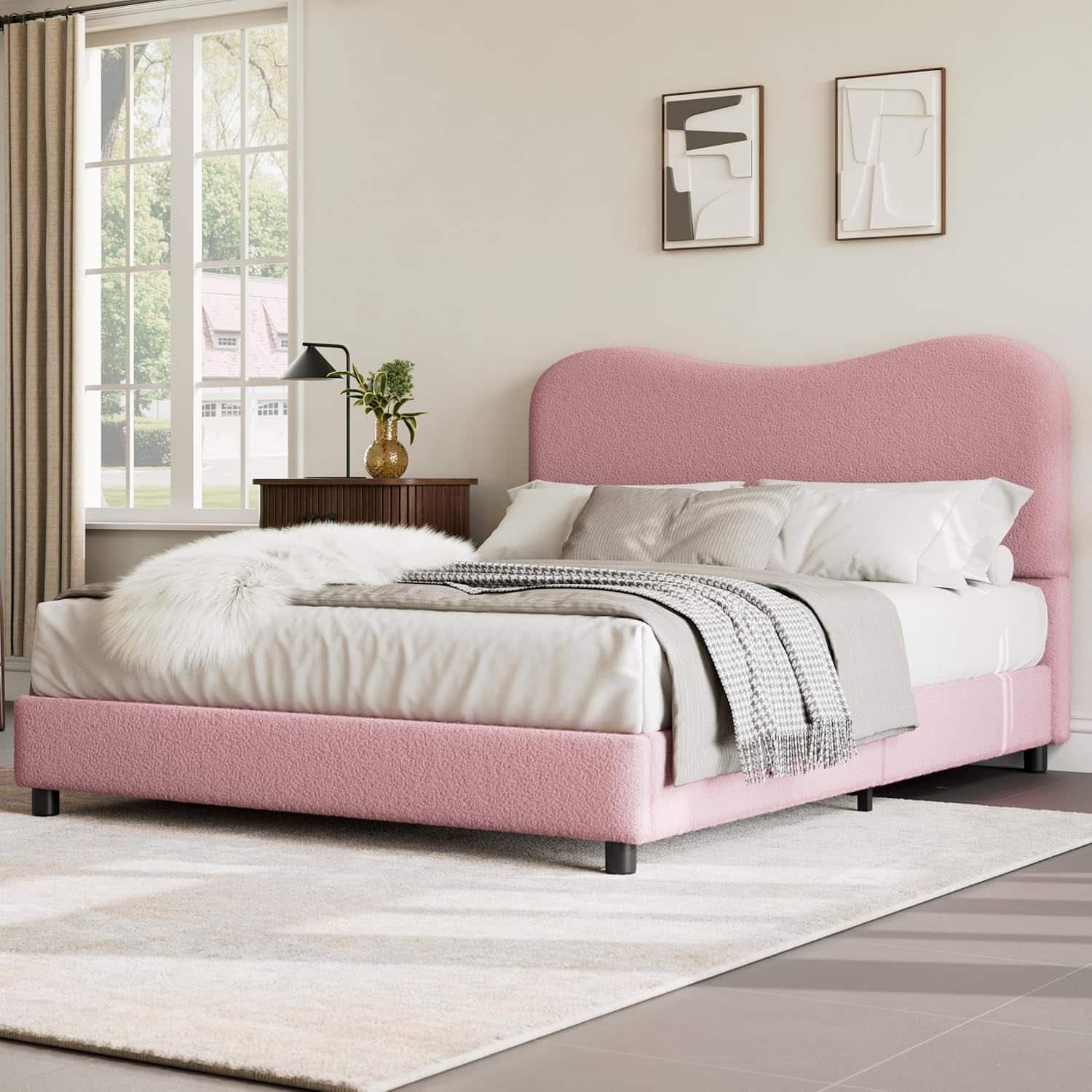 GARVEE - Full Size Platform Bed Frame, Metal Frame, Sherpa Upholstered, No Box Spring, Pink - Pink Full