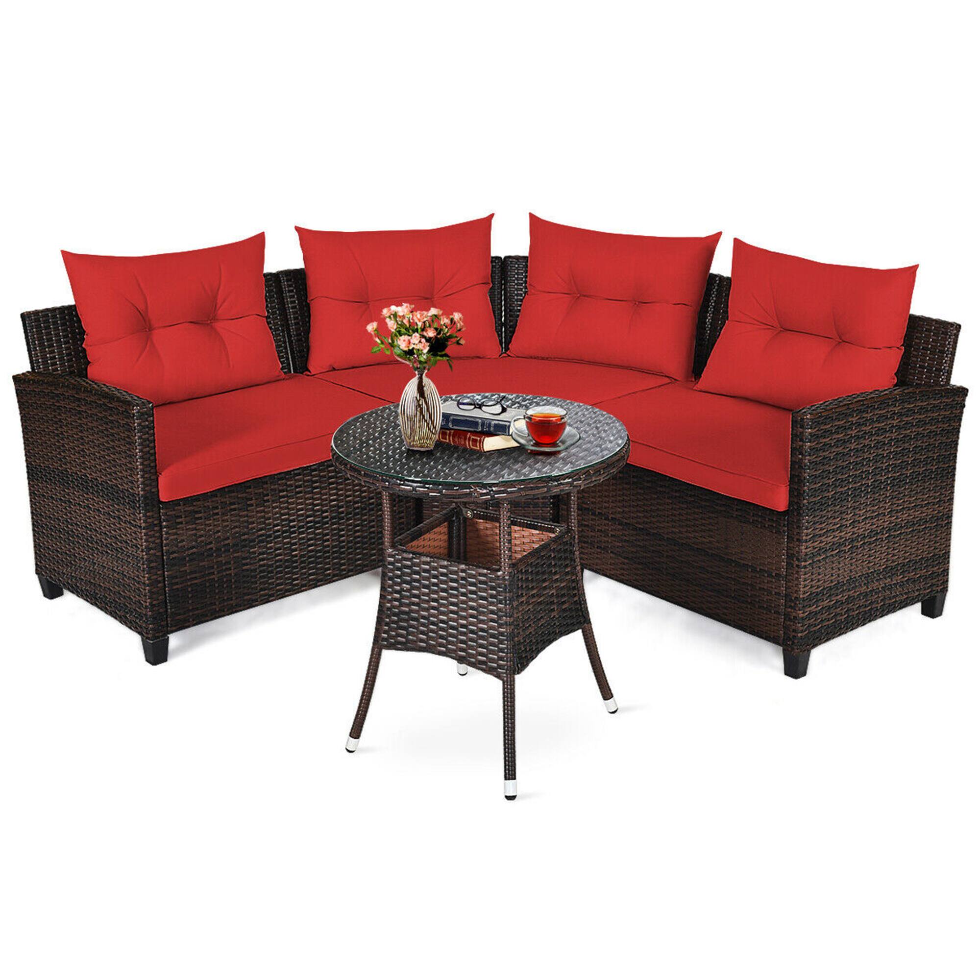 Alt View 1. Gymax - Gymax 4PCS Patio Furniture Set Outdoor Rattan Sectional Sofa Set w/ Red Cushions - Red.