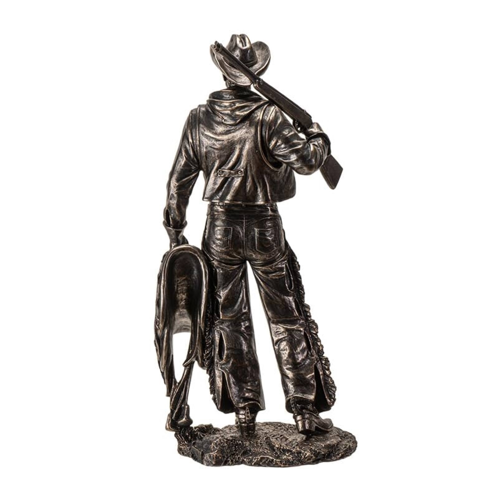 Angle. Pacific Trading - Bronze Accent Cowboy Figurine with Rifle Gun and Saddle Western Decor Statue for Home 17 inch.