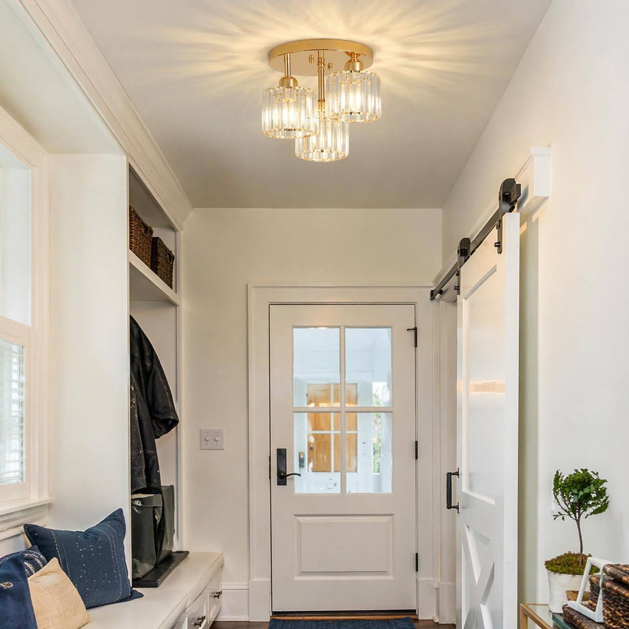 Angle. RYHNUYNE - Modern 3-Light Semi Flush Mount Ceiling Fixture with Clear Crystal Accents, Gold Finish, Ideal for Low Ceilings.