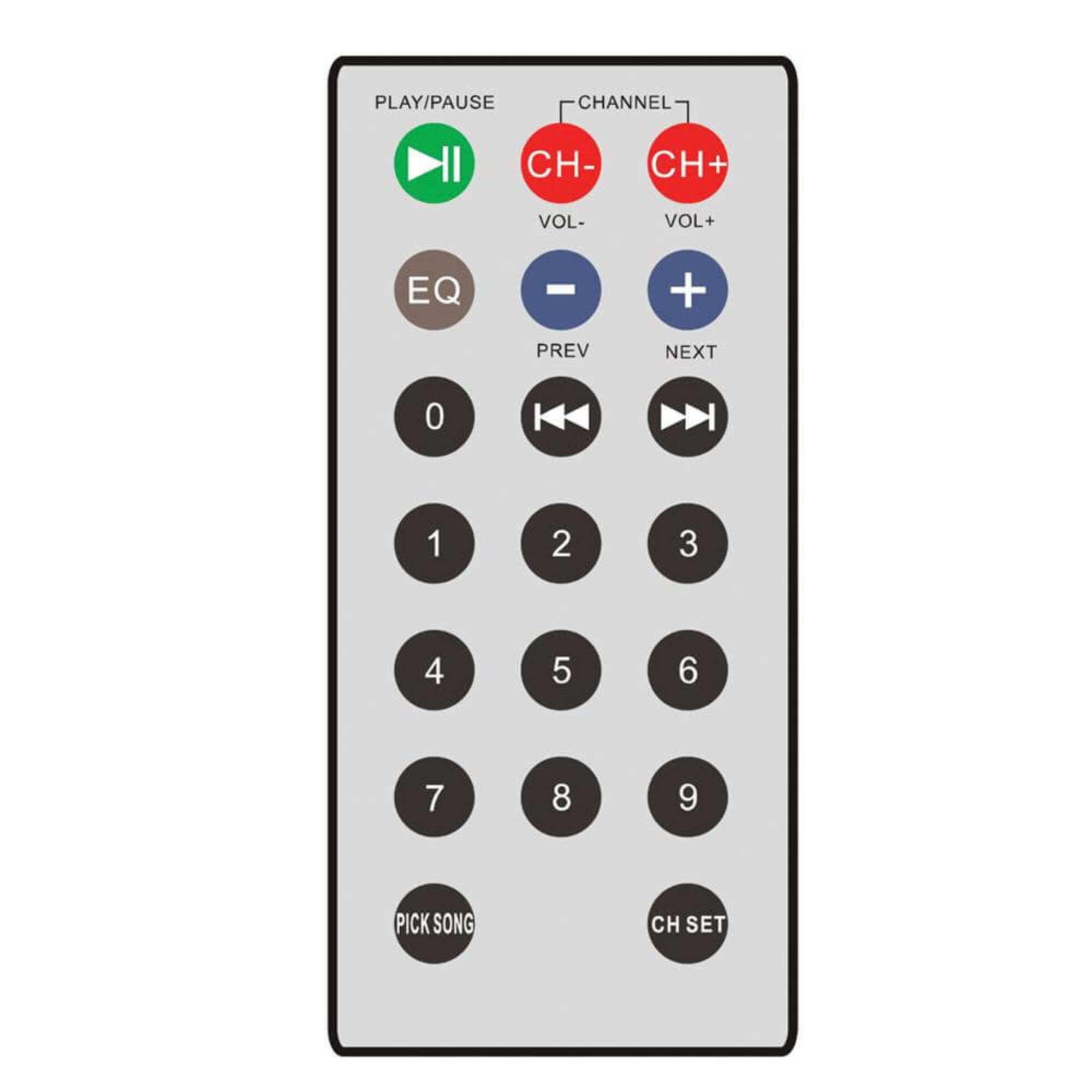 PLAY/PAUSE  
CHANNEL  
CH- CH+  
VOL- VOL+  
EQ  
PREV NEXT  
0 1 2 3  
4 5 6  
7 8 9  
PICK SONG  
CH SET