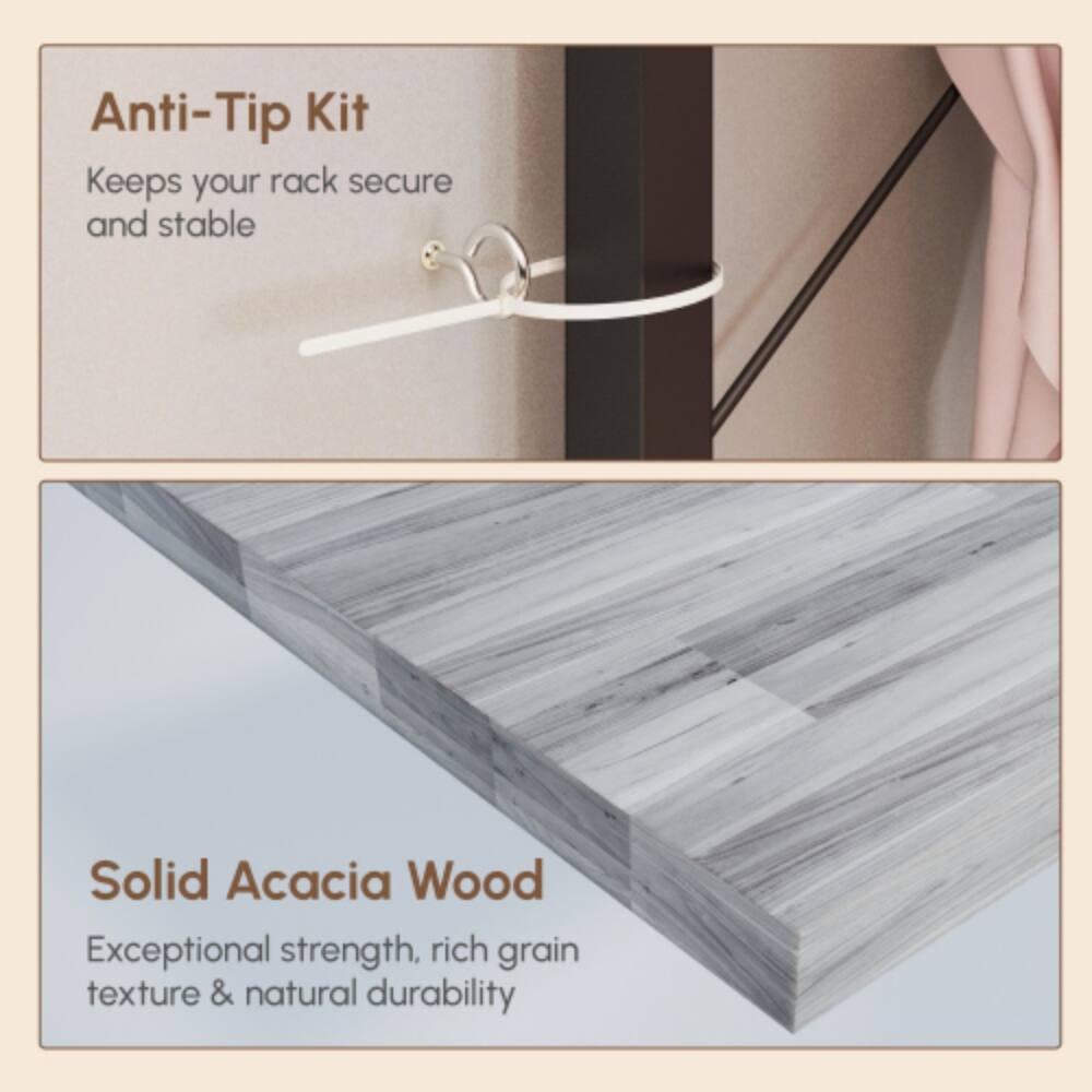 Anti-Tip Kit  
Keeps your rack secure and stable  

Solid Acacia Wood  
Exceptional strength, rich grain texture & natural durability