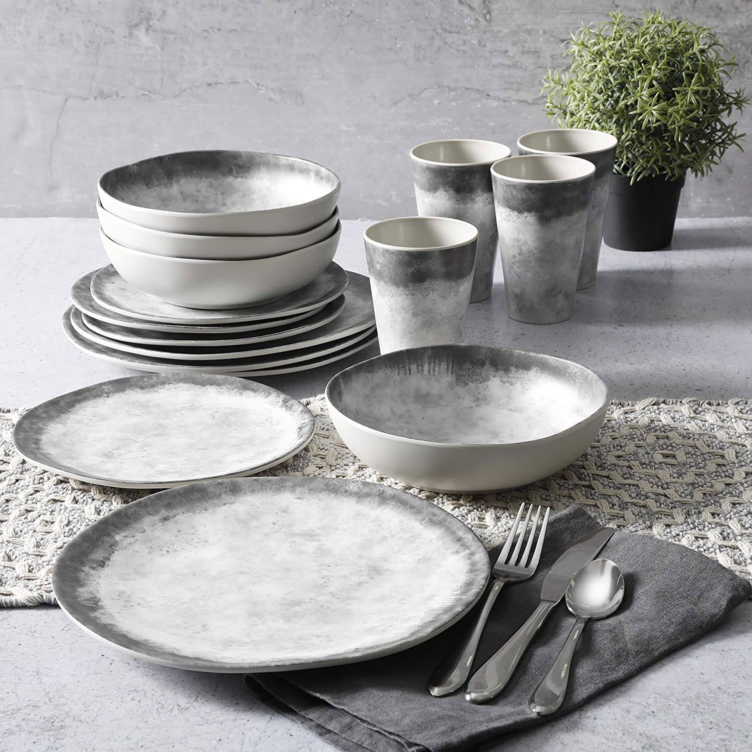 Alt View 2. Gibson - Gibson Home Granite 16 Piece Round Melamine Plate, Bowl, & Cup Dinnerware Set - Marble.
