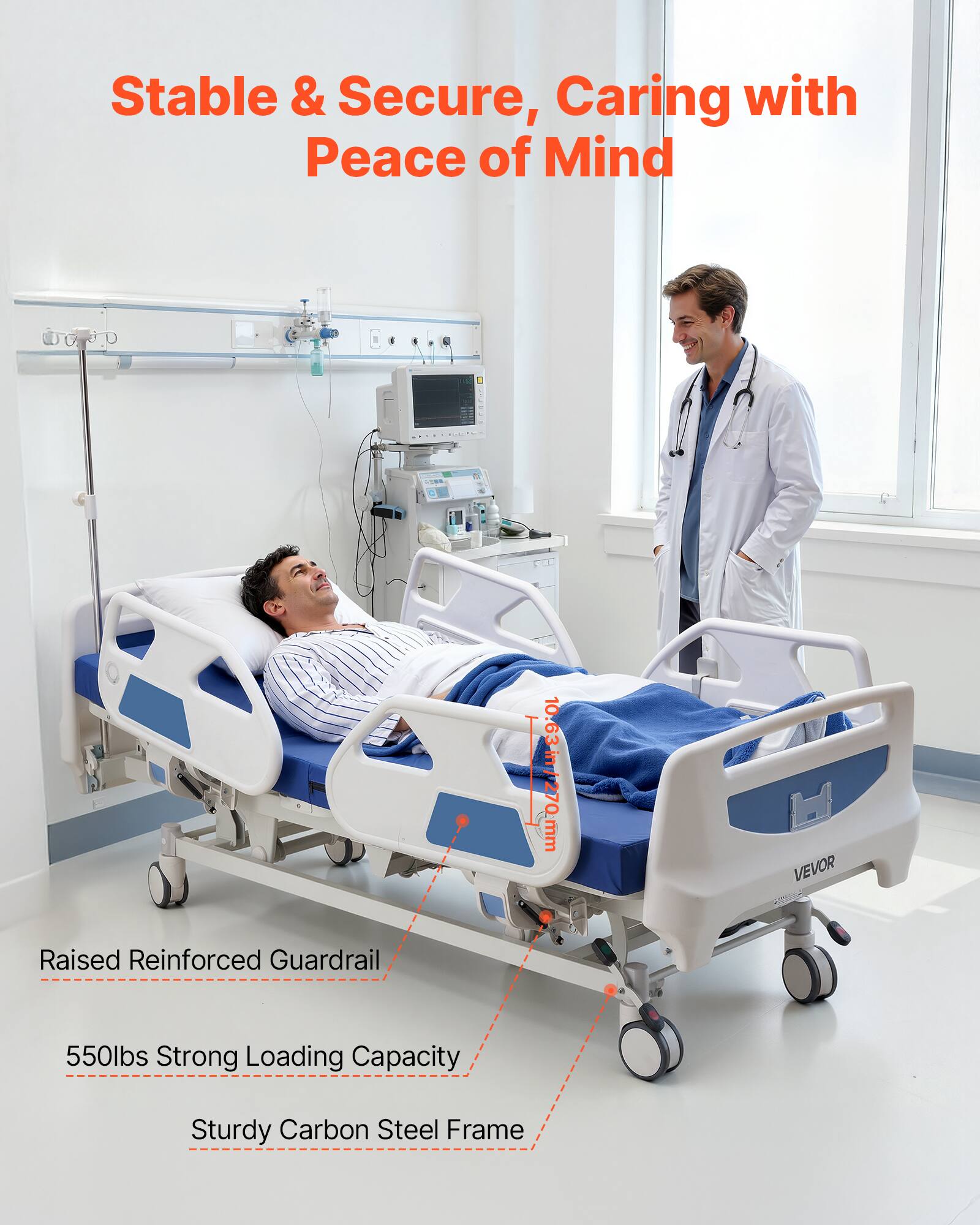 Stable & Secure, Caring with Peace of Mind

10.63 in/ 270mm VEVOR Raised Reinforced Guardrail

550lbs Strong Loading Capacity

Sturdy Carbon Steel Frame