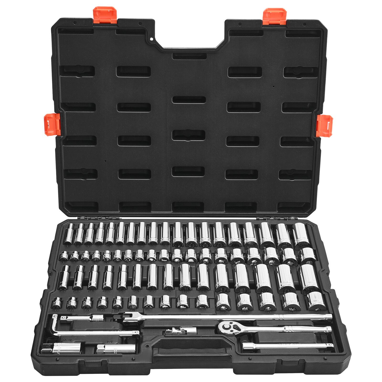 Front. VEVOR - Socket Set, 76 Pieces, 3/8 inch Drive Socket and Ratchet Set, SAE and Metric, Deep and Shallow, Mechanic Tool Kit - Black+Sliver.