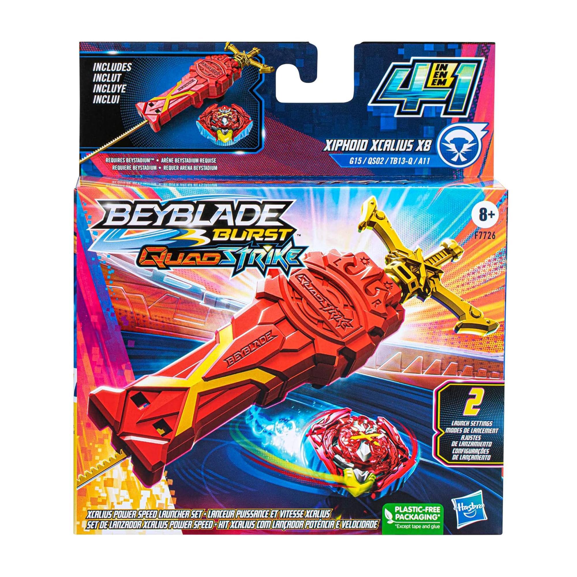 **Front:**

- BEYBLADE BURST QUAD STRIKE
- XIPHOID XCALIUS XB
- G15 / QS02 / TB13-Q / A11
- 8+
- F7726
- 2 LAUNCH SETTINGS
- MODES DE LANCHEMENT
- MODOS DE LANZAMIENTO
- PLASTIC-FREE PACKAGING* - Except tape and glue
- Hasbro
- XCALIUS POWER SPEED LAUNCHER SET - LANCEUR PUISSANCE ET VITESSE XCALIUS
- SET DE LANZADOR XCALIUS POWER SPEED - HIT XCALIUS COM LANCER POTENCIA E VELOCIDADE

**Back:**

- INCLUDES INCLUT INCLUYE INCLUI
- XIPHOID XCALIUS XB
- REQUIRES BEYSTADIUM™ - ARENE BEYSTADIUM REQUIERE BEYSTADIUM - REQUIERE ARENA BEYSTADIUM
- XCALIUS POWER SPEED LAUNCHER SET - LANCEUR PUISSANCE ET VITESSE XCALIUS
- SET DE LANZADOR XCALI