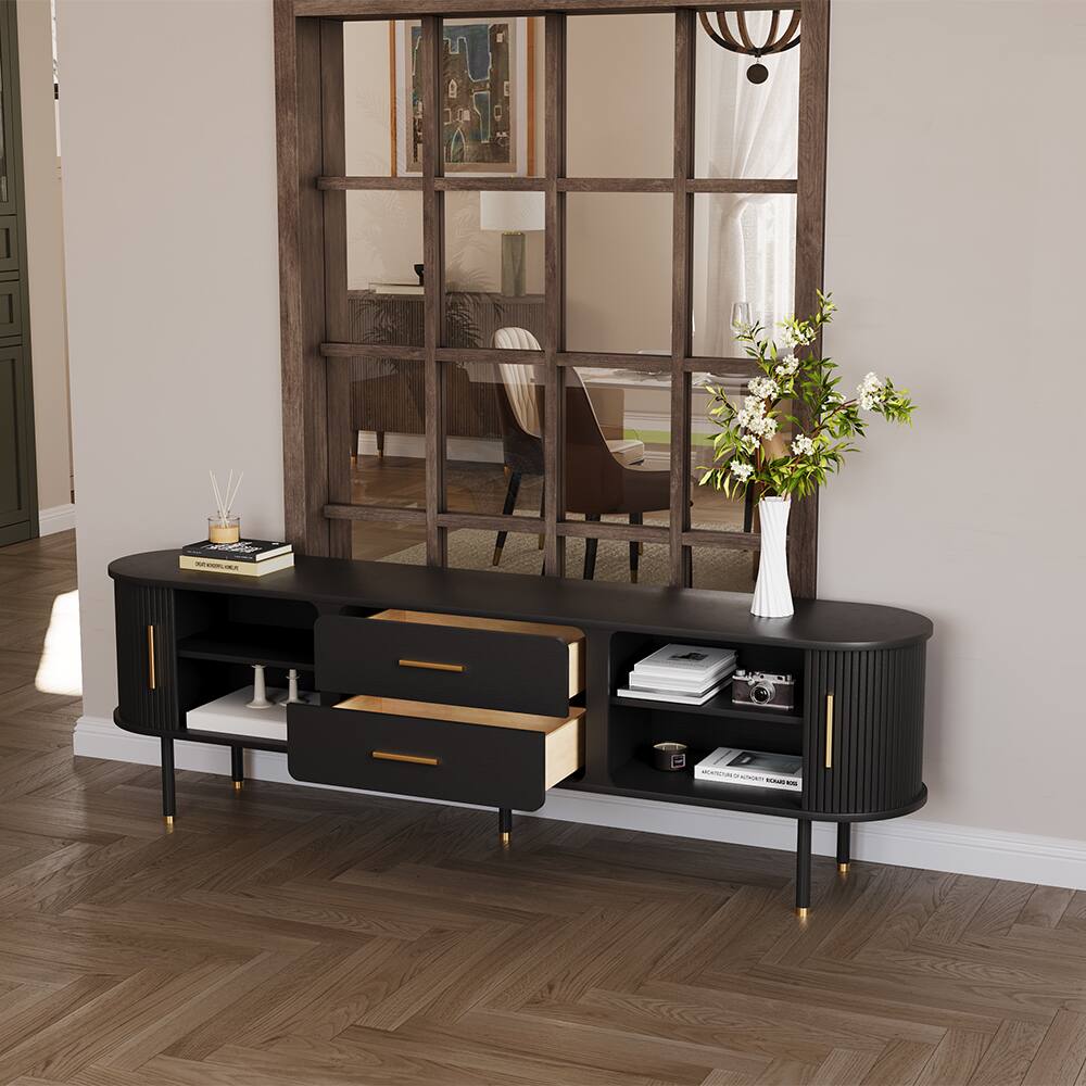 Alt View 7. POVISON - 78.74"Mid-Century TV Stand, with Minimalist Wood Media Console with Roller Shutter Door, Tall-Cast Metal Legs - Black.