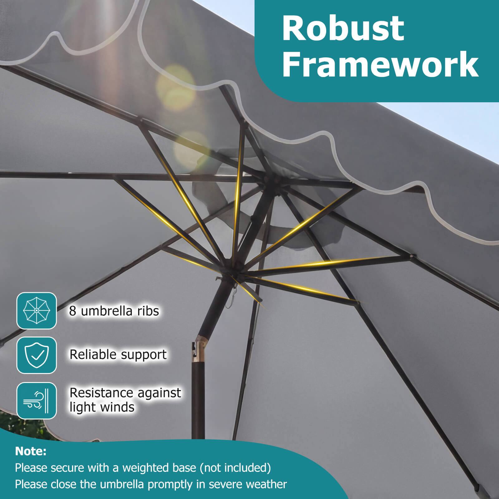 Robust Framework

- 8 umbrella ribs
- Reliable support
- Resistance against light winds

Note: Please secure with a weighted base (not included). Please close the umbrella promptly in severe weather.