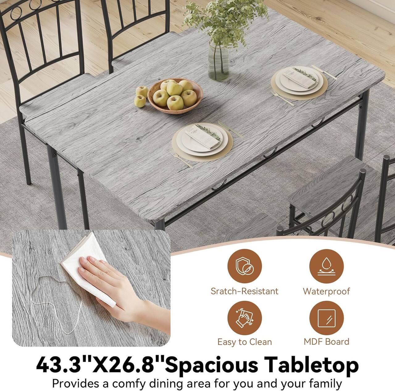 Scratch-Resistant Waterproof Easy to Clean MDF Board 43.3" X 26.8" Spacious Tabletop Provides a comfy dining area for you and your family