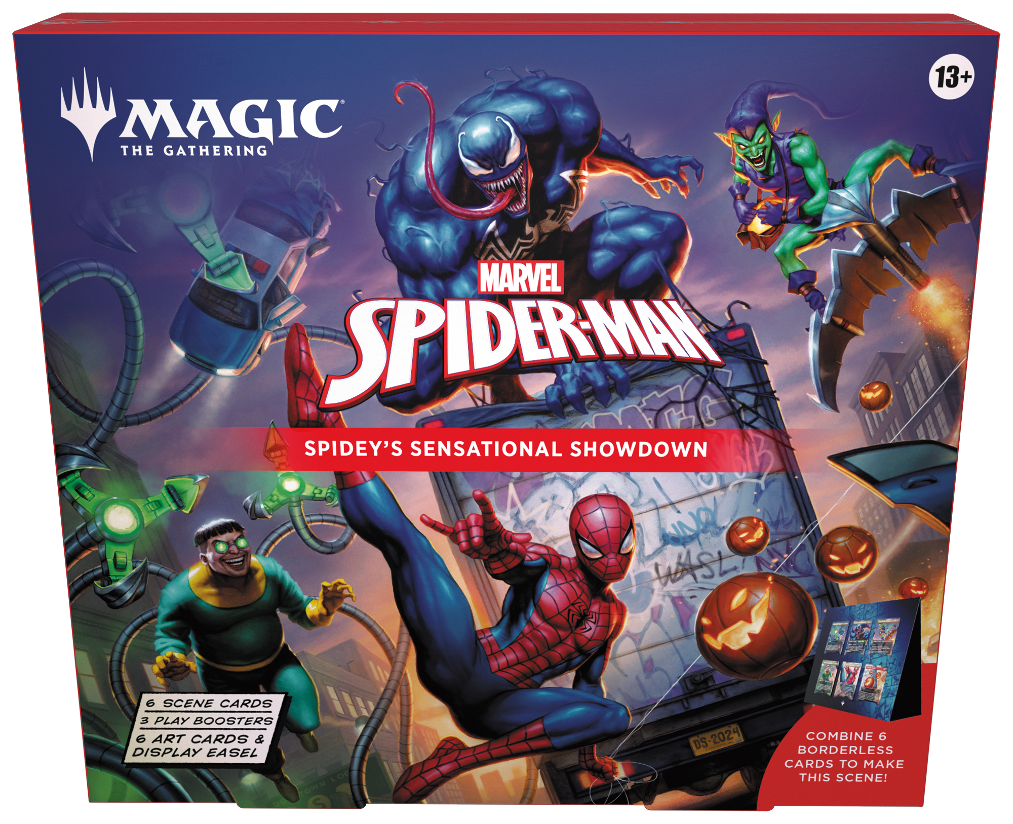 MAGIC THE GATHERING 13+ MARVEL SPIDERMAN SPIDEY'S SENSATIONAL SHOWDOWN 6 SCENE CARDS 3 PLAY BOOSTERS 6 ART CARDS & DISPLAY EASEL DS-2024 - COMBINE 6 BORDERLESS CARDS TO MAKE THIS SCENE!