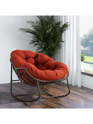 Front. Trinkets Crazed - Outdoor Patio Rocking Chair, Comfy Wicker Rocker Chair With Padded Cushion, Oversized Rattan Papasan Egg Chair - Orange.