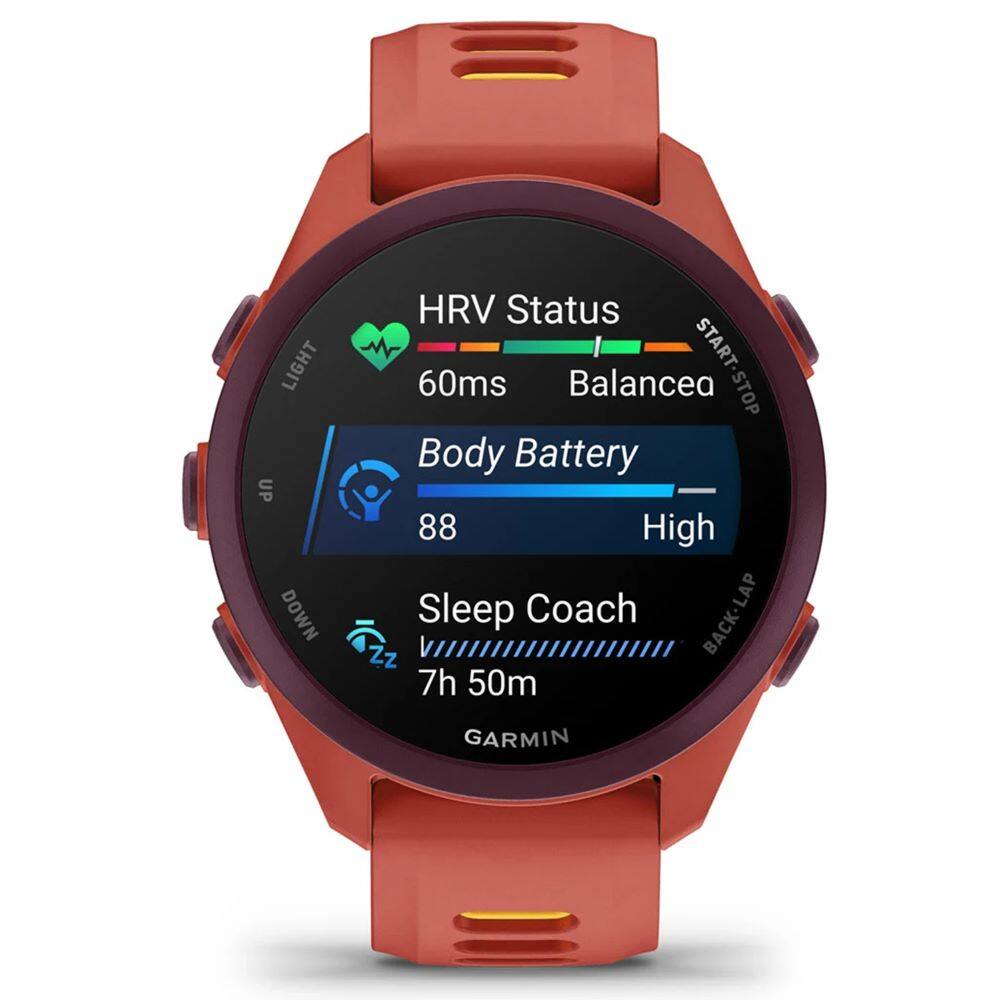 LIGHT UP DOWN HRV Status 60ms Balancea START-STOP Body Battery 88 High Sleep Coach BACK-LAP Z Z 7h 50m GARMIN