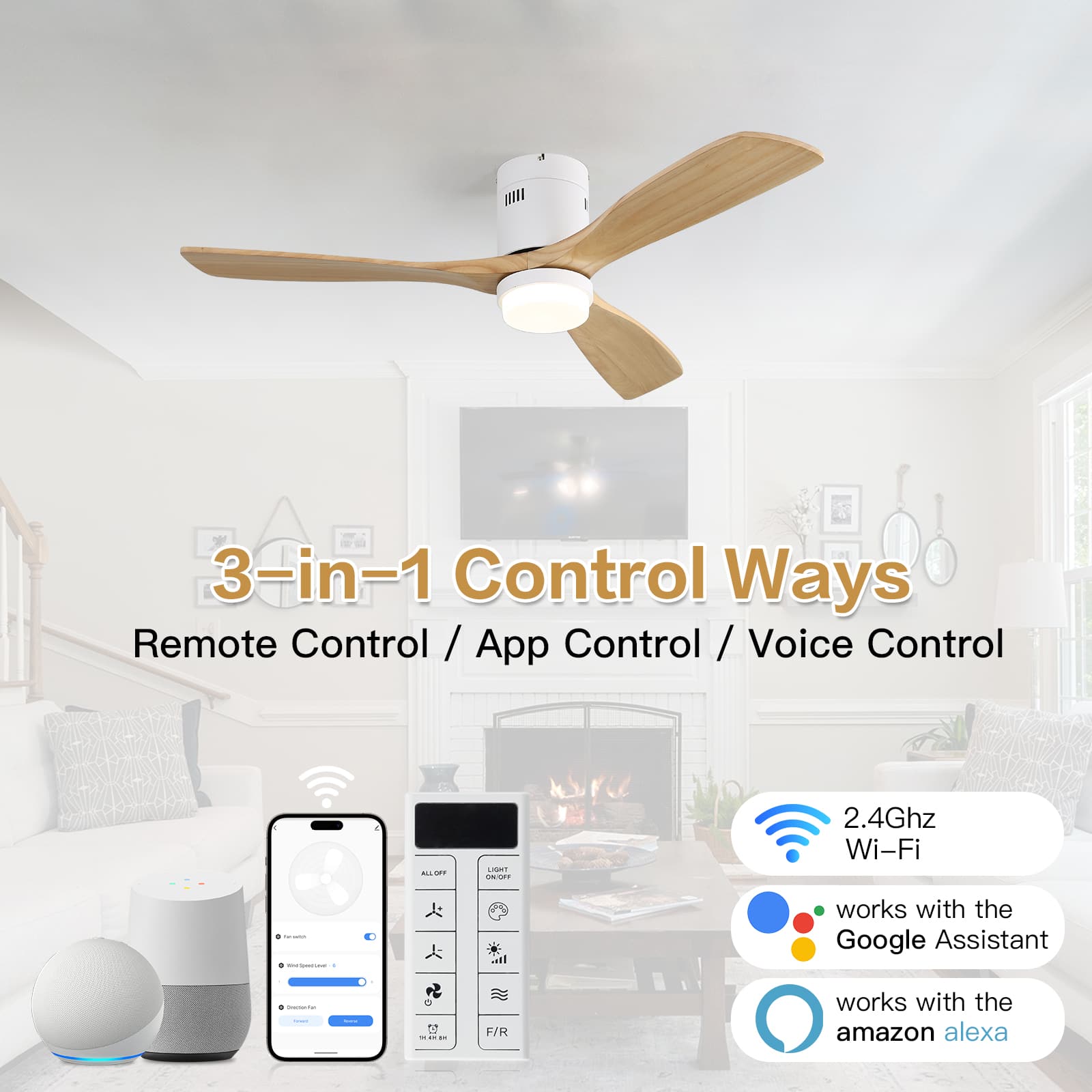 Sofucor - Smart Wood Flush Mount Ceiling Fan With Remote & APP/Alexa Control Quie DC Motor for Bedroom Farmhouse Indoor Outdoor - White Natural Wood - With Light