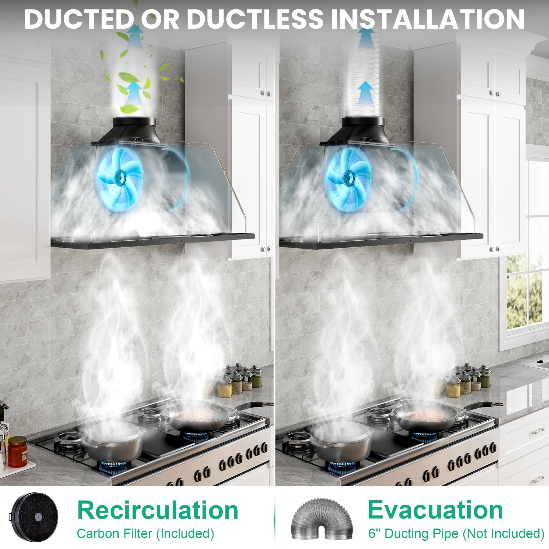 DUCTED OR DUCTLESS INSTALLATION

Recirculation
Carbon Filter (Included)

Evacuation
6" Ducting Pipe (Not Included)