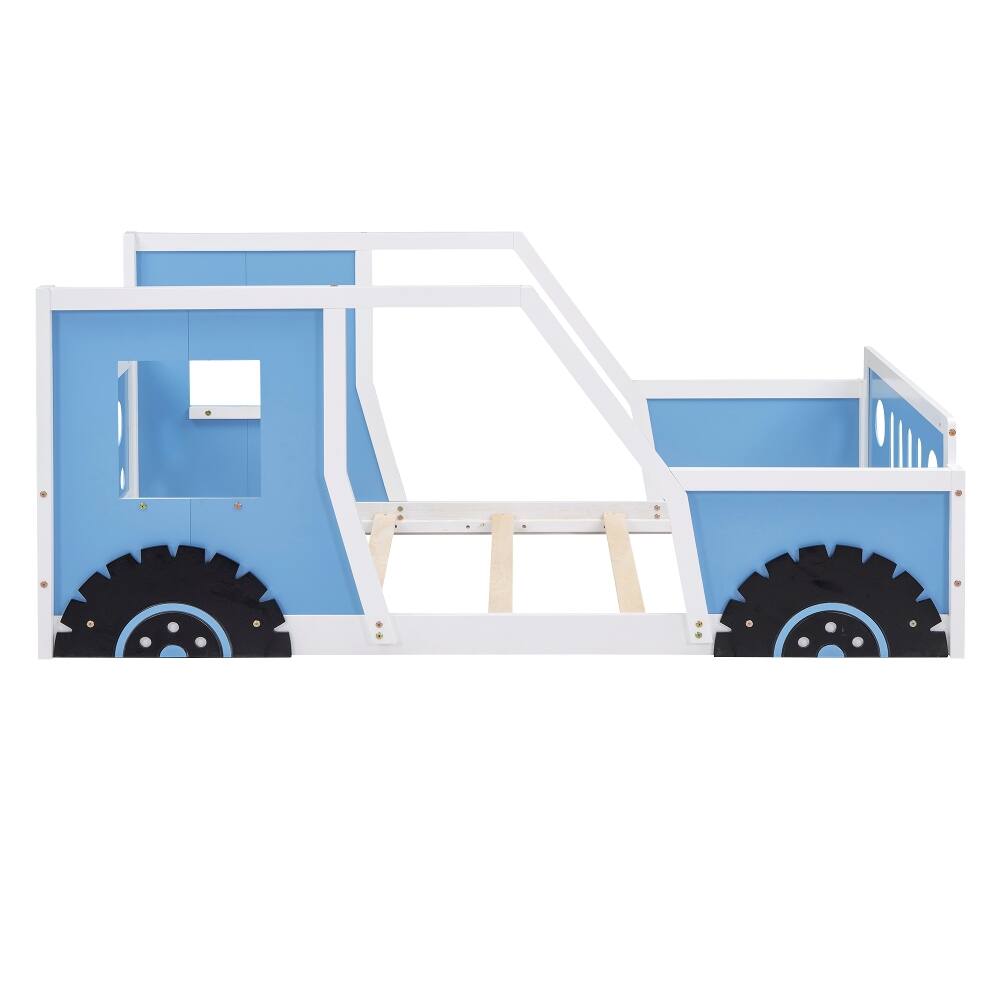 Alt View 6. Loheer - Loheer Twin Size Classic Car Shaped Platform Bed with Wheels, Blue Kids Wooden Bed Frame - Blue.