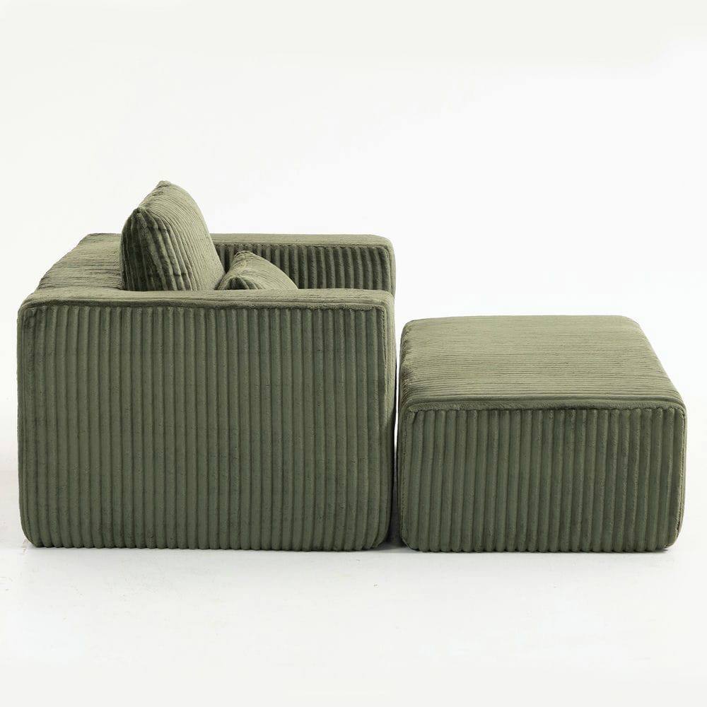Left. Kadyn - Oversized All-Foam Corduroy Lounge Chair with Ottoman, Modular Floor Couch, Compressed & Easy Assembly - Green.