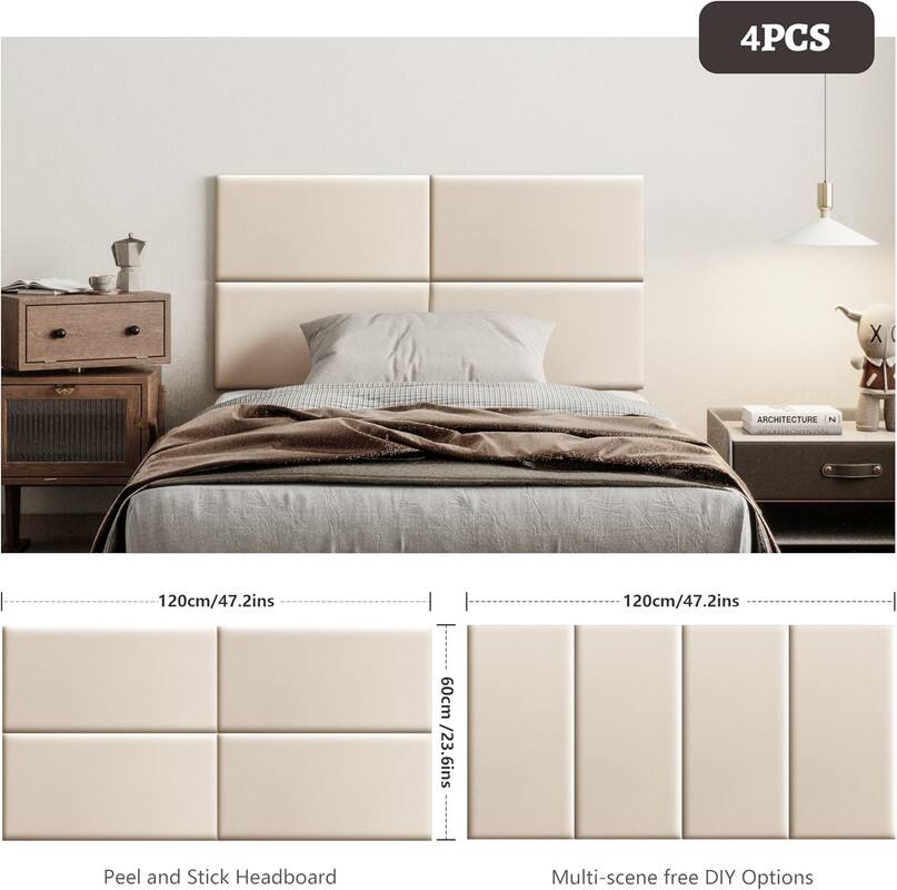 4PCS, Peel and Stick Headboard, Multi-scene free DIY Options, 120cm/47.2ins, 60cm/23.6ins