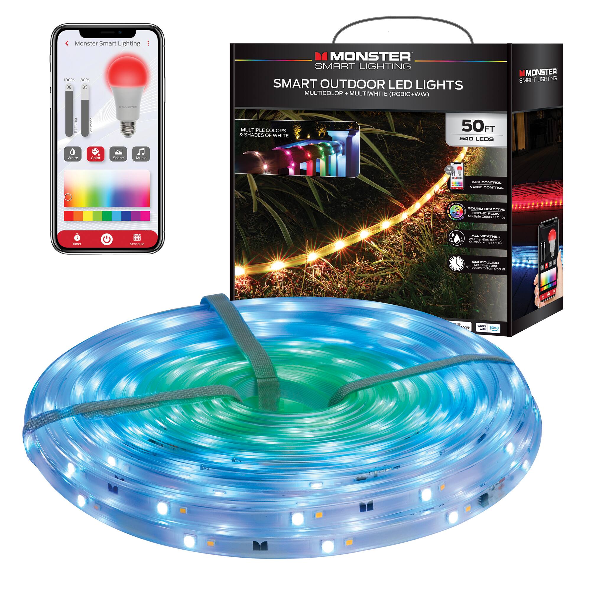 Monster - Smart 50ft Outdoor LED Strip Lights, Flow LED Lights for Patio & Backyard, Weather-Resistant, Sound Reactive - Multicolor