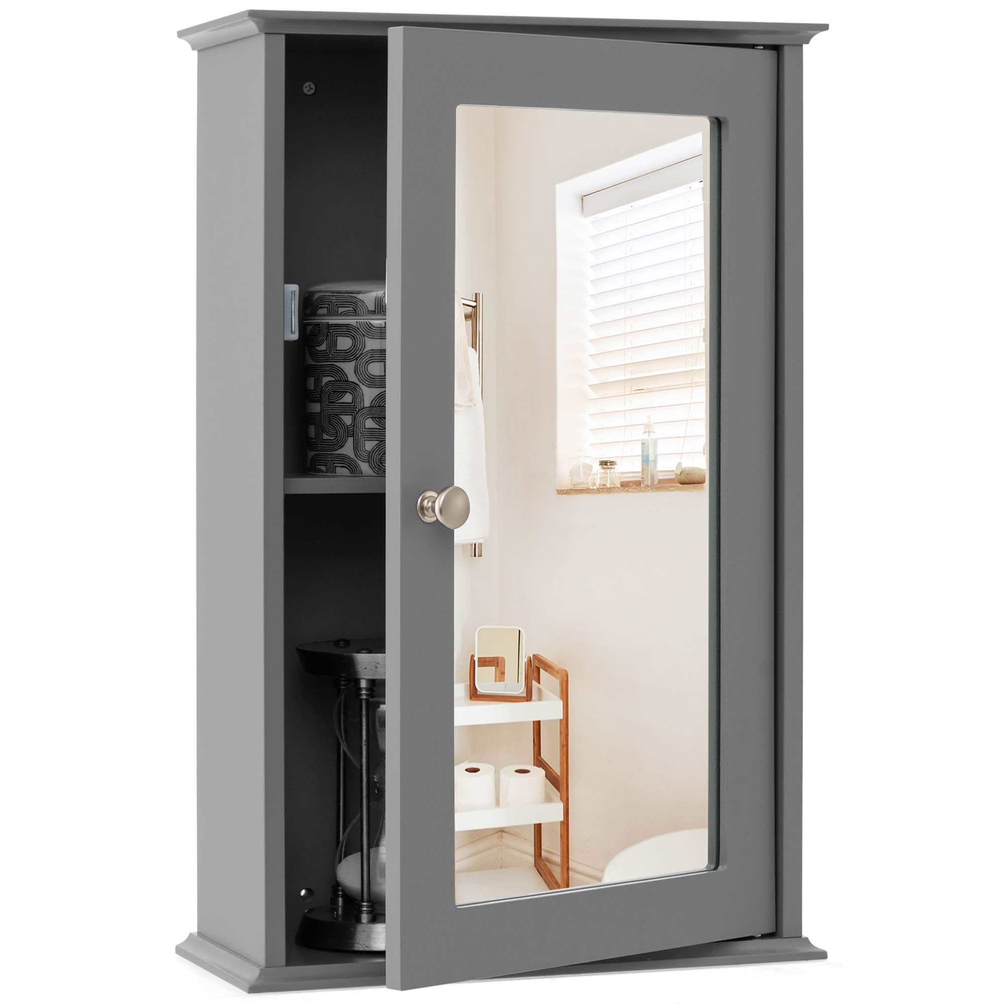 Costway - Bathroom Wall Cabinet Single Mirror Door Cupboard Storage Medicine Cabinet Wood Shelf - Gray