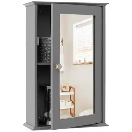 Front. Costway - Costway Bathroom Wall Cabinet Single Mirror Door Cupboard Storage Medicine Cabinet Wood Shelf - Grey.
