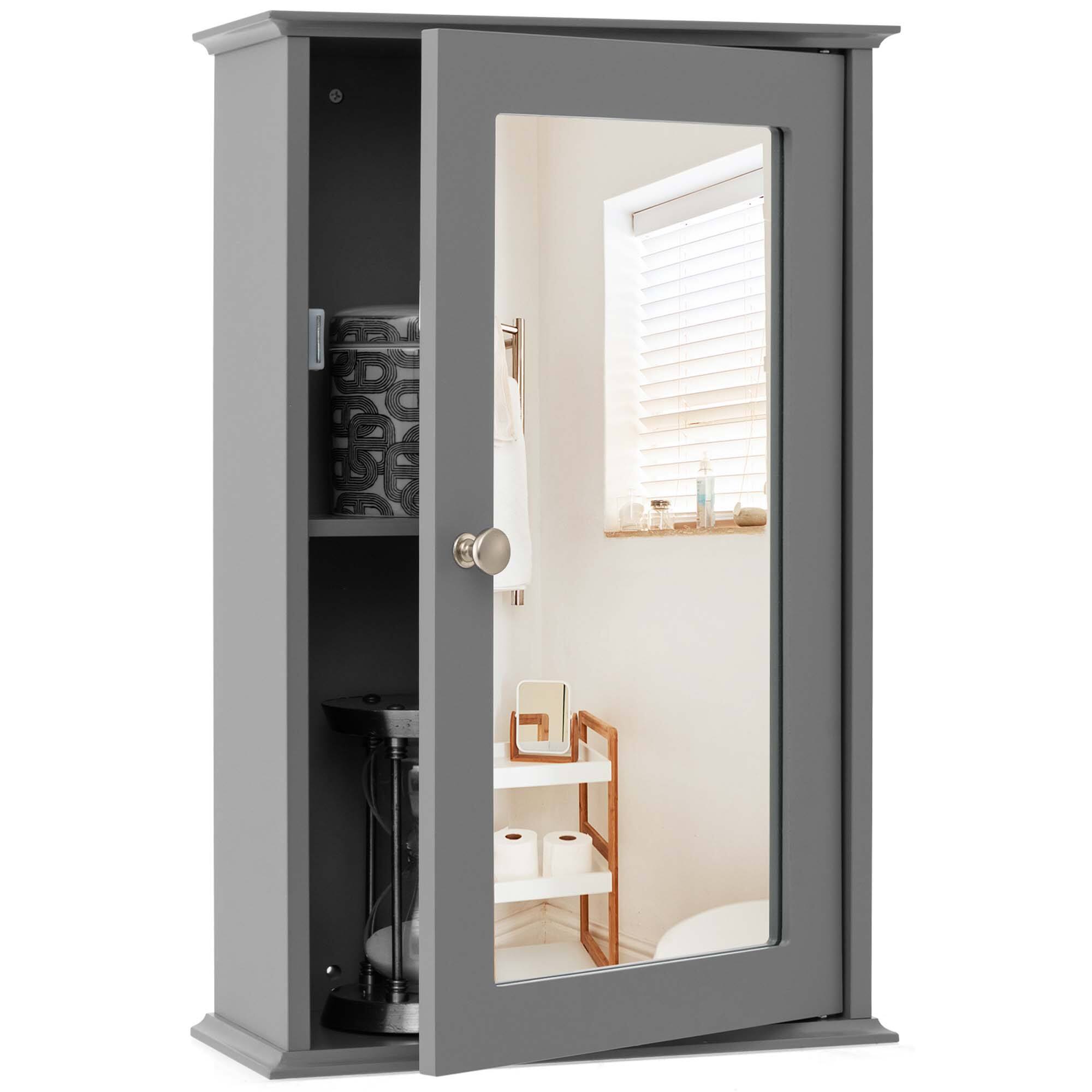 Front. Costway - Costway Bathroom Wall Cabinet Single Mirror Door Cupboard Storage Medicine Cabinet Wood Shelf - Grey.