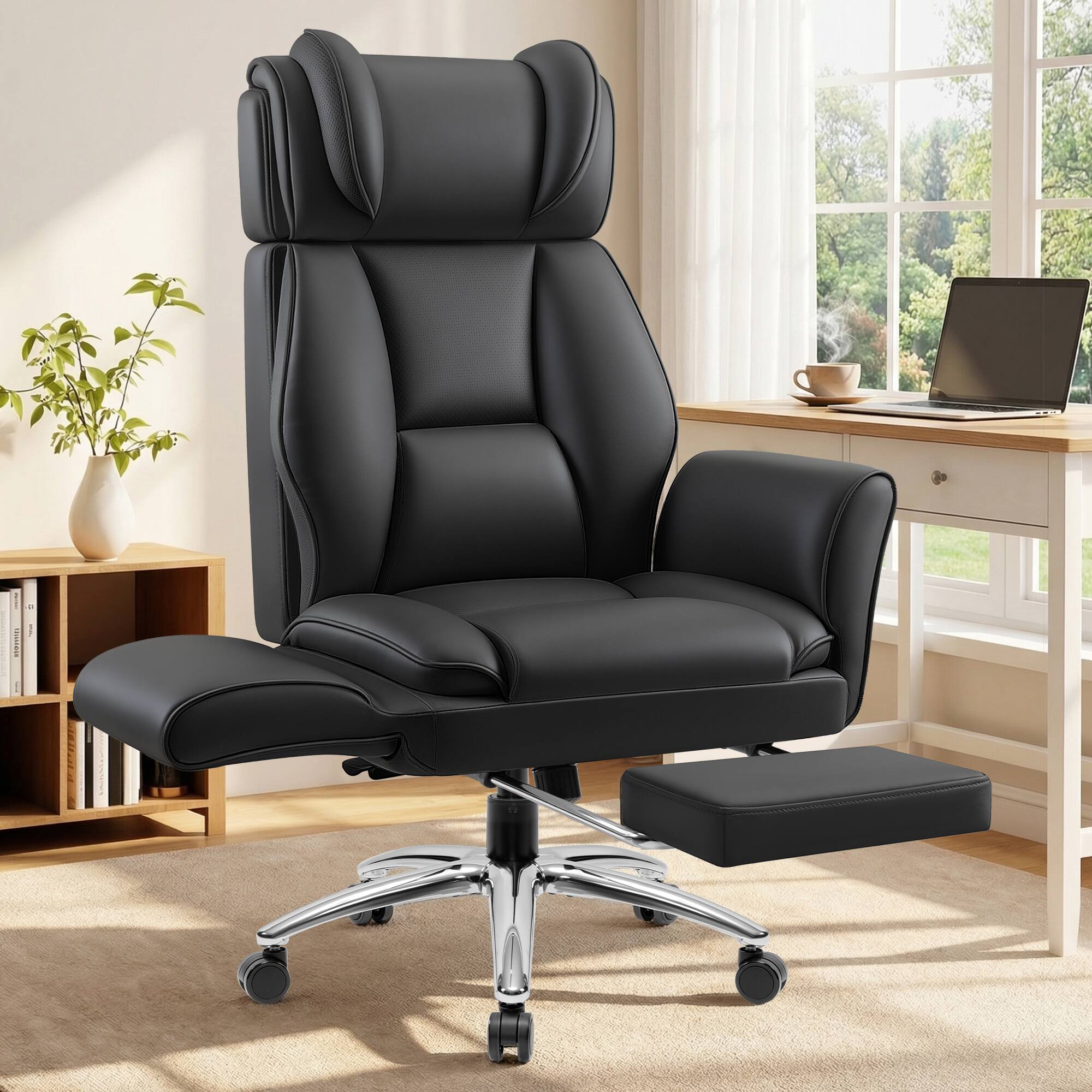 Alt View 6. KERDOM - High Back Ergonomic Office Chair with Flatable Armrest Cross Legged, PU Leather Executive Chair with Footrest Wide Seat - Black.