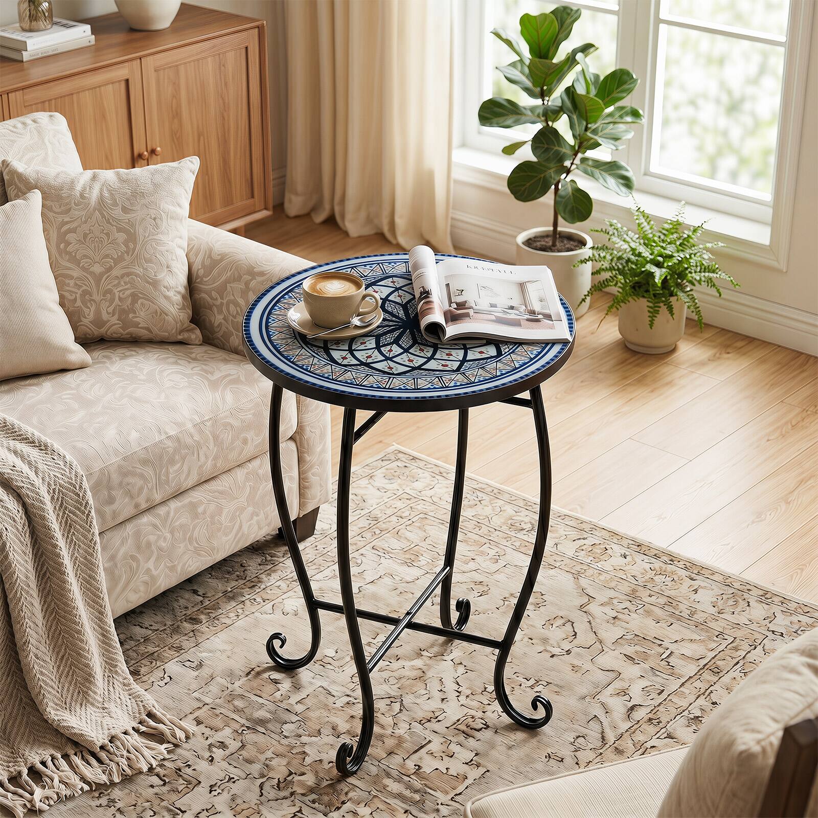 Alt View 1. Gymax - Gymax 14'' Coffee End Table Outdoor Side Table Blooming Lotus Mosaic Patio Accent Tablee White & Black - White.