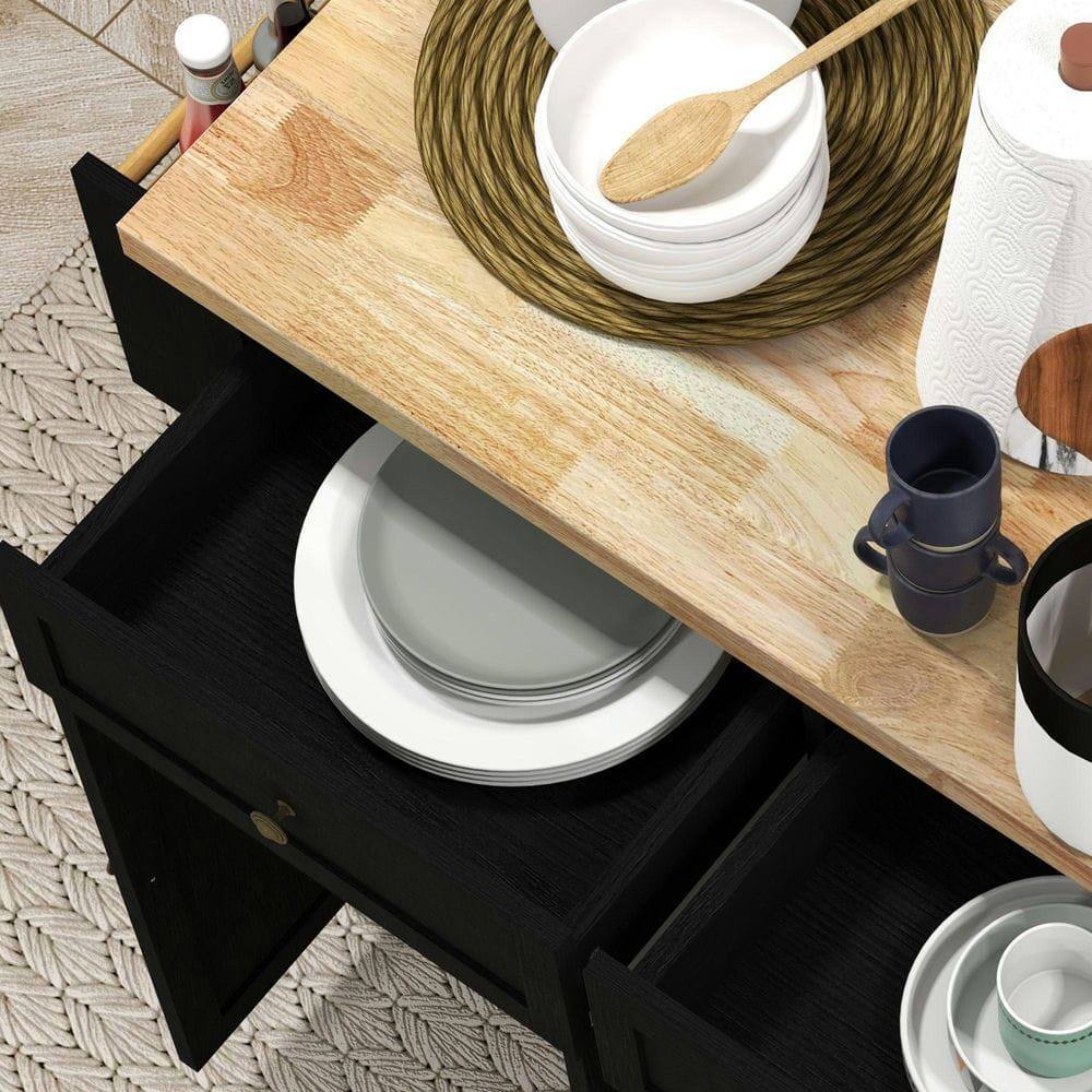 Angle. Kadyn - Rolling Kitchen Island with Built-In Spice Rack and Storage, Distressed Black - Black.