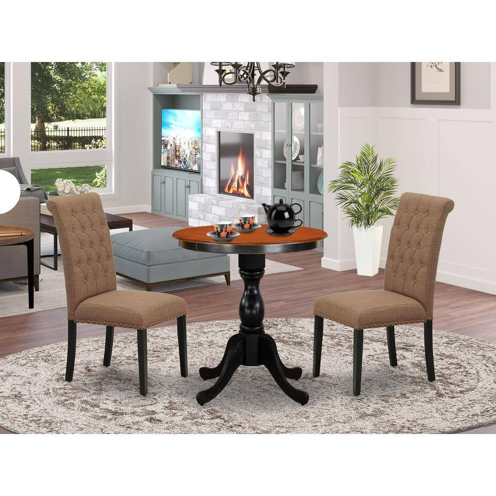 Angle. East West Furniture - East West Furniture 3-Piece Mid Century Dining Set Include a Dining Table and 2 Light Sable Linen Fabric Padded Chairs - Multi-Color.