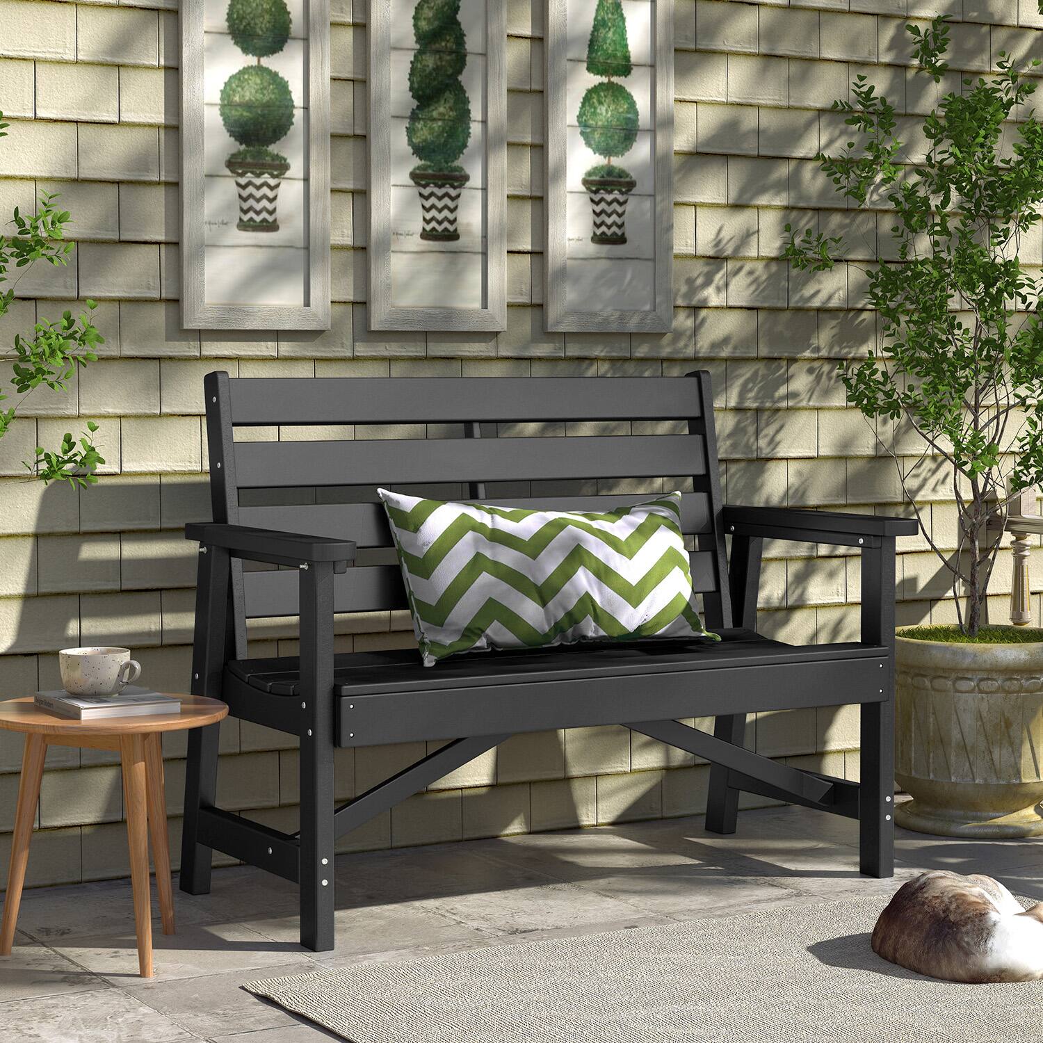 Alt View 2. FODINGHILL - 51.5" Weatherproof HDPE Outdoor Bench, 2-Person Garden Bench for Patio, Backyard & Outdoor Spaces - Black.