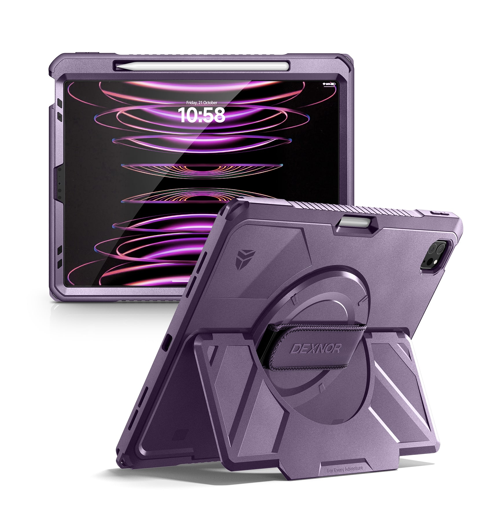 Dexnor - for iPad Pro 12.9 inch 6th/5th/4th/3rd Gen Rugged Case with 360° Rotating Hand Strap, Pencil Holder Shockproof Cover - Phantom Purple