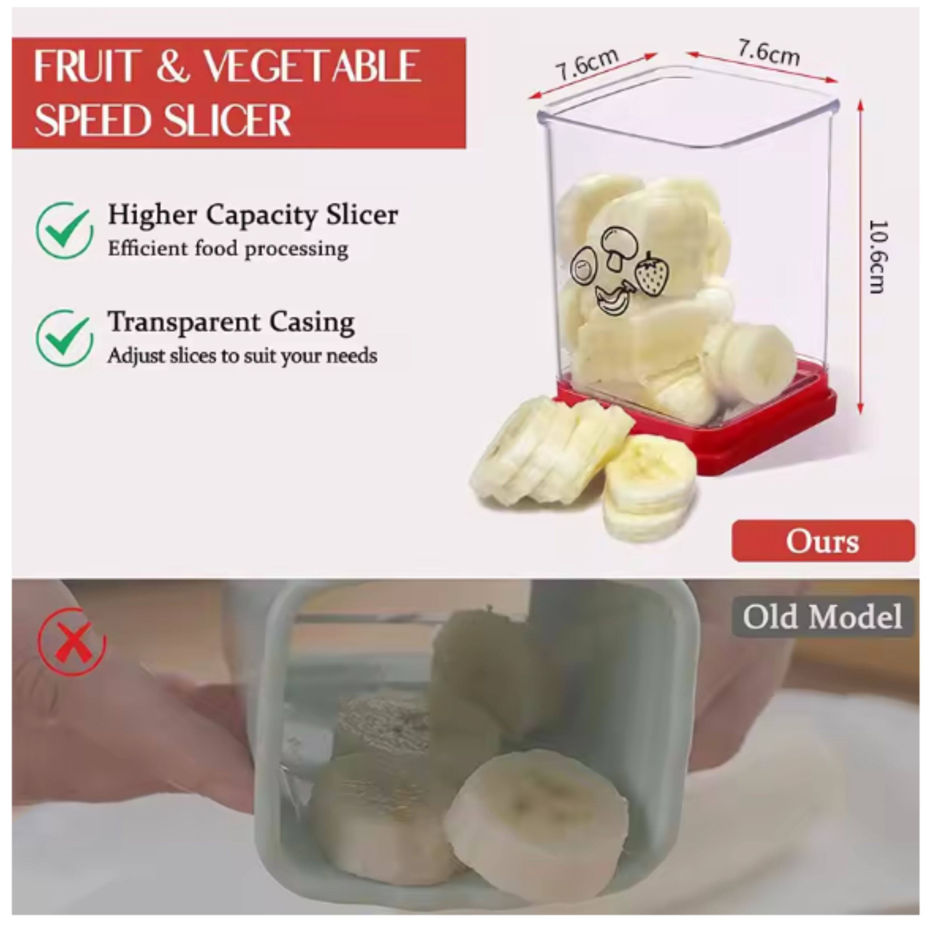 FRUIT & VEGETABLE SPEED SLICER

- Higher Capacity Slicer
  - Efficient food processing
- Transparent Casing
  - Adjust slices to suit your needs

7.6cm  
7.6cm  
10.6cm

Ours  
Old Model