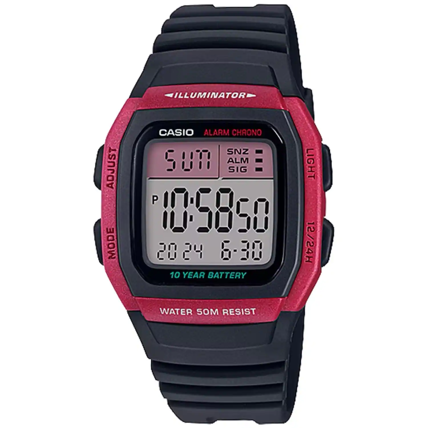 ILLUMINATOR ADJUST MODE CASIO ALARM CHRONO SNZ 508 ALM SIG LIGHT P 10:58:50 2024 6-30 12/24H 10 YEAR BATTERY WATER 50M RESIST