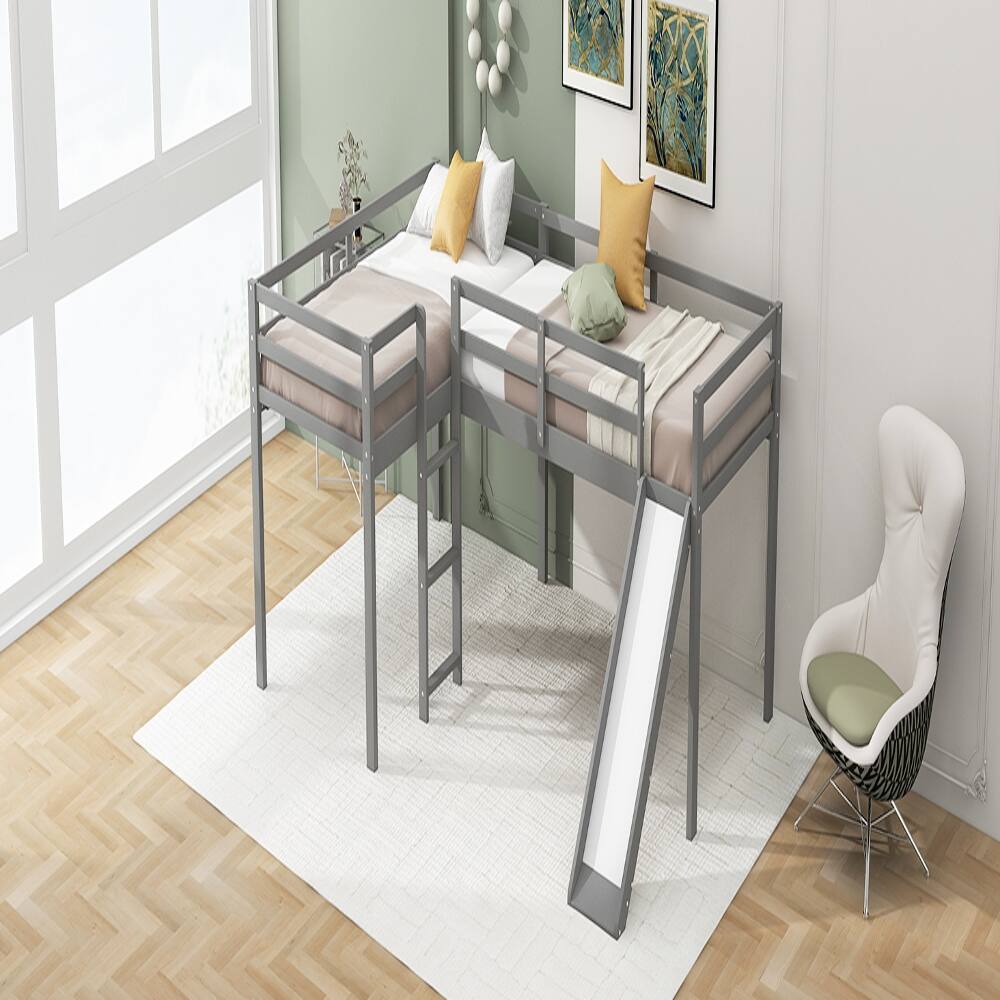 Alt View 1. Loheer - Loheer L-Shaped Twin Loft Bed with Slide and Ladder, Corner Loft Bed Frame for Kids, Solid Pine Wood, Gray - Gray.