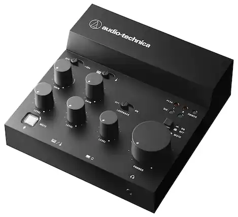 audio-technica
OFF A audio-technica +48V UH GAIN LEVEL MUTE IH LEVEL i GAIN LEVEL OFF LOOPBACK ON PEAK SIG E POWER ON OFF MUTE PHONES