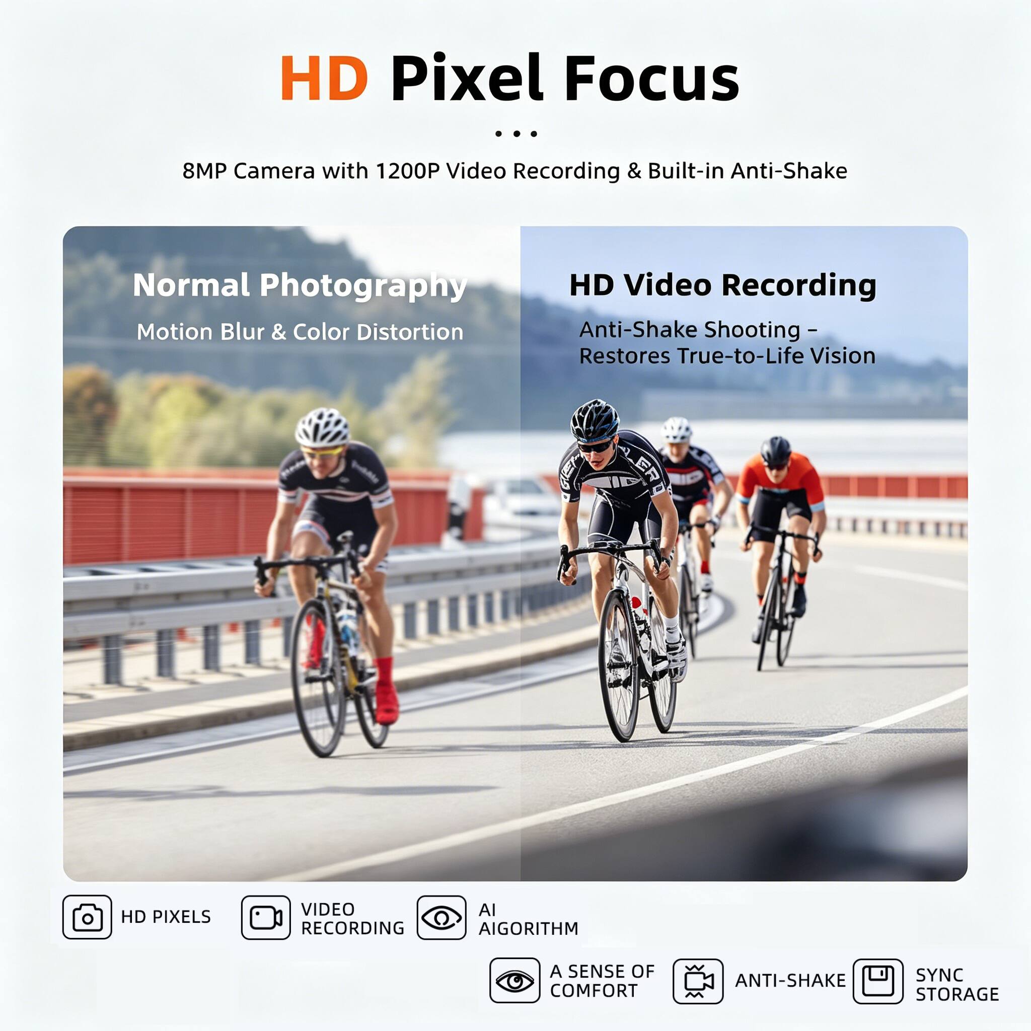 HD Pixel Focus ...  
8MP Camera with 1200P Video Recording & Built-in Anti-Shake  

Normal Photography  
Motion Blur & Color Distortion  

HD Video Recording  
Anti-Shake Shooting - Restores True-to-Life Vision  

ER HD PIXELS  
VIDEO RECORDING  
AI ALGORITHM  
A SENSE OF COMFORT  
ANTI-SHAKE  
SYNC STORAGE
