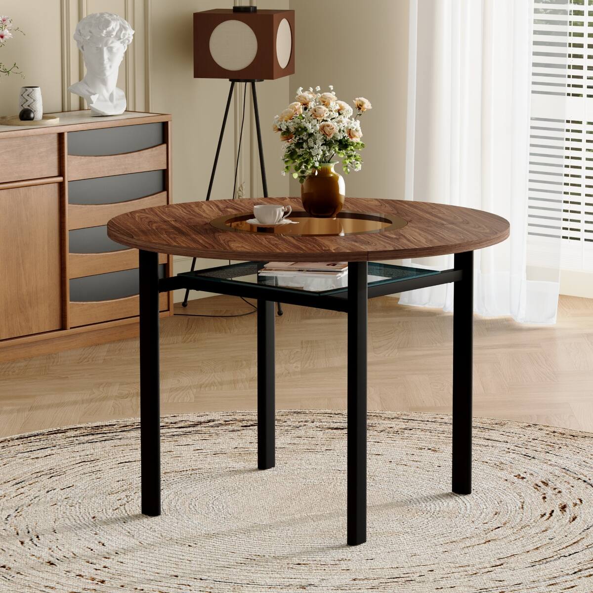 Front. Loheer - Loheer 42 inch round dining table with brown wood grain top and tea glass inlay - Black and Brown.
