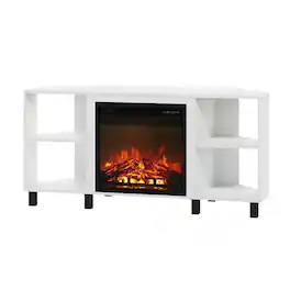 FurniFact - Corner Fireplace TV Stand with 4 Open Storage Compartments in Wood Finish - White