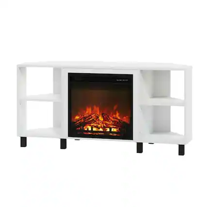 Front. FurniFact - White Corner Fireplace TV Stand with 4 Open Storage Compartments in Wood Finish - White.