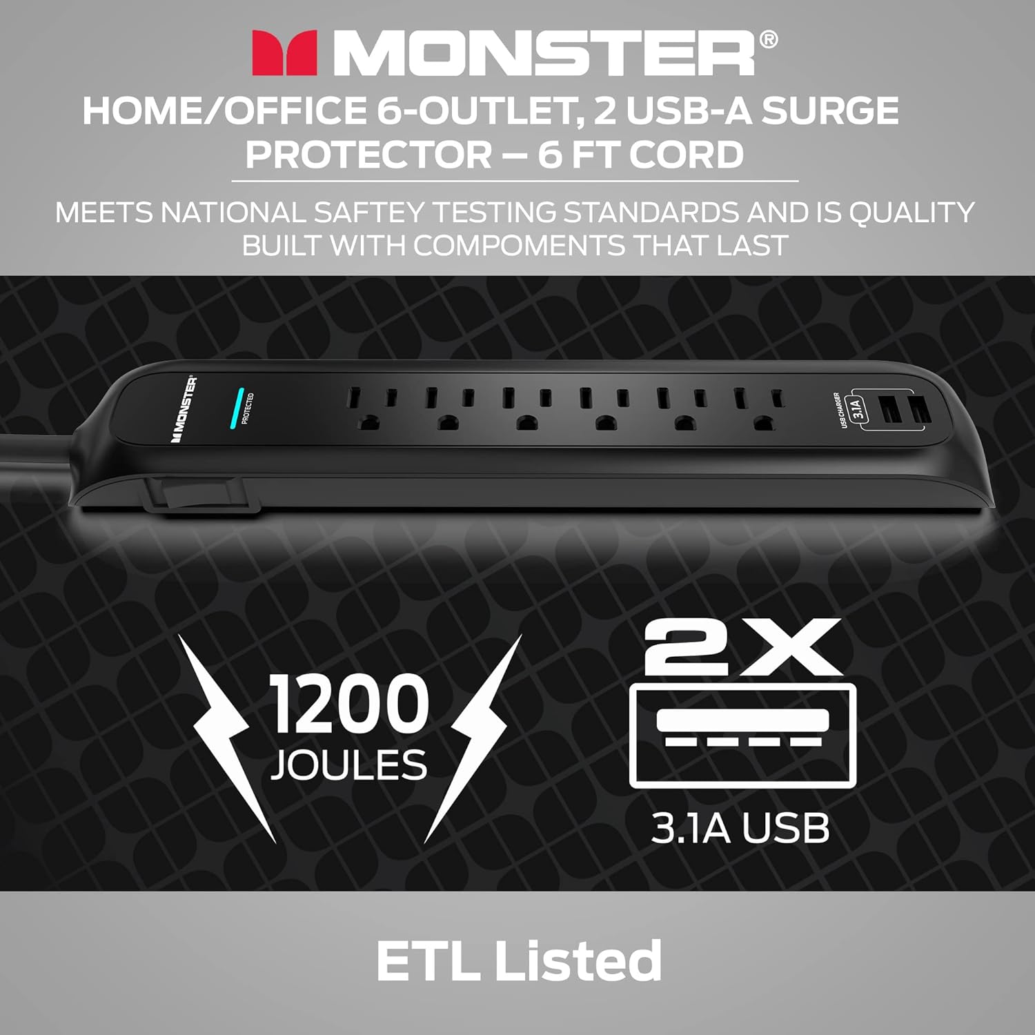 Monster Home/Office 6-Outlet, 2 USB-A Surge Protector - 6 Ft Cord. Meets National Safety Testing Standards and is Quality Built with Components that Last. Monster - 1200 Joules 2X 3.1 USB ETL Listed.