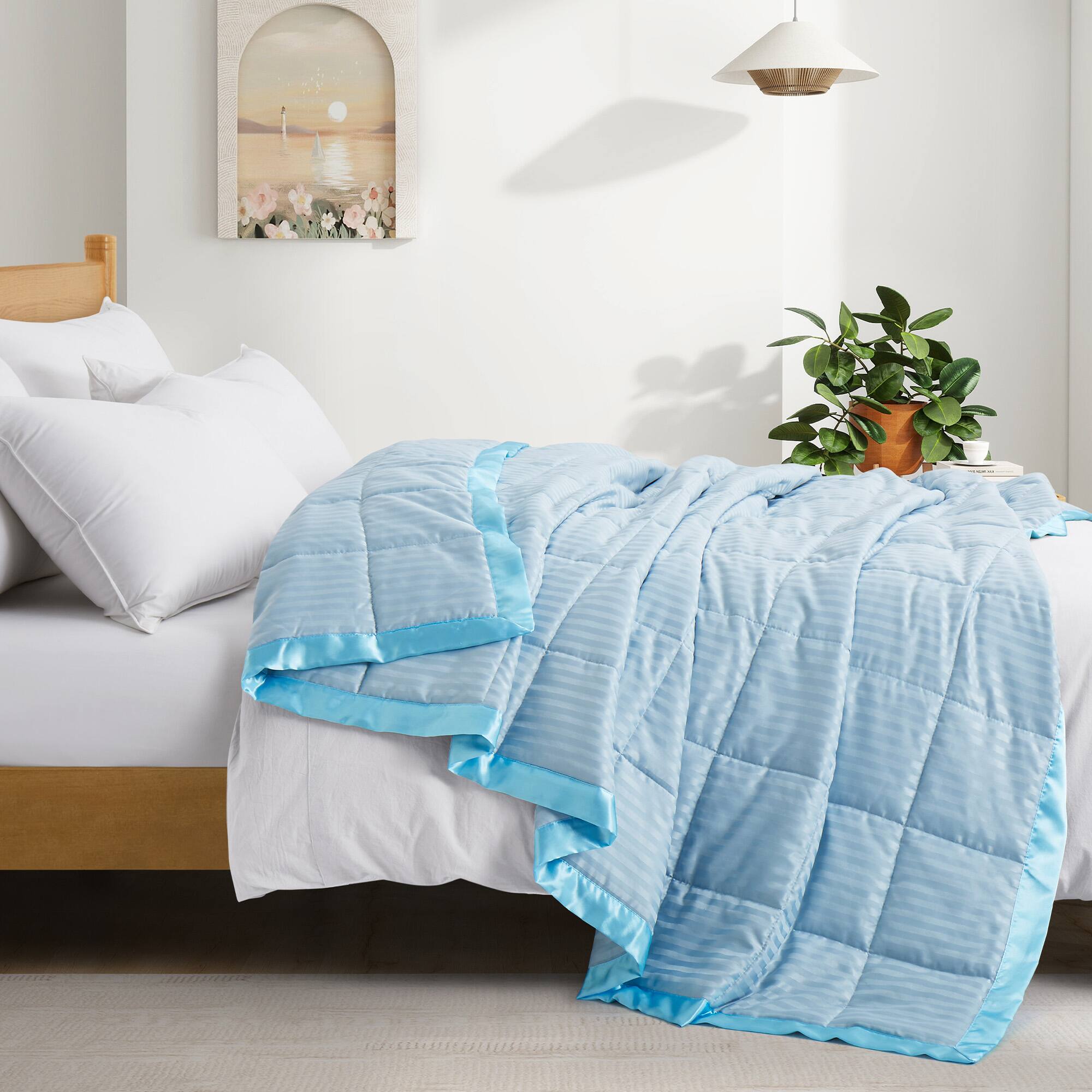 Angle. Nest - Peace Nest Hotel Quality Luxury All Season Jacquard Soft Bed Blanket with Satin Trim Cozy and Warm - Blue.